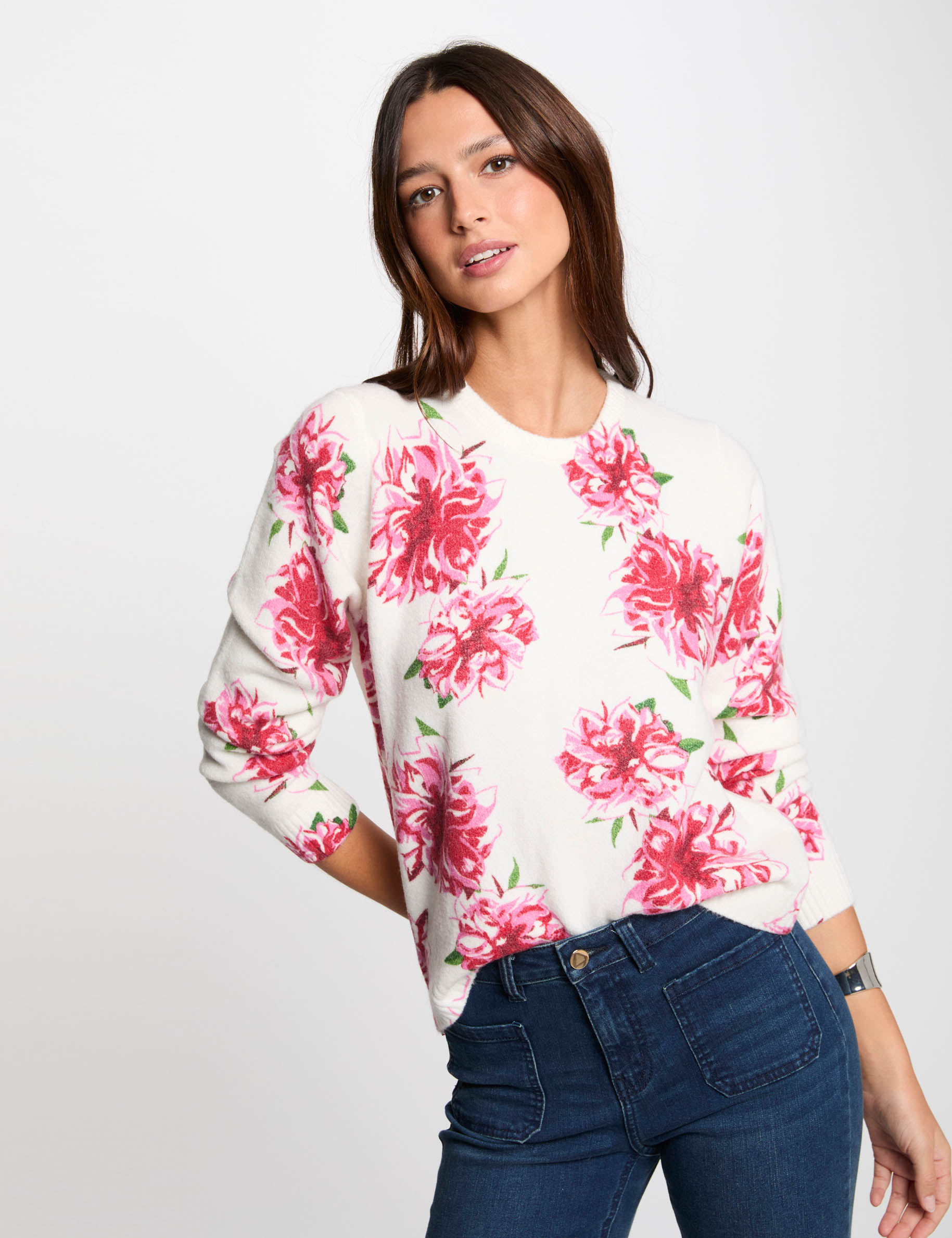 pullover mit blumenmuster elfenbein damen Pullover mit Blumenmuster elfenbein damen