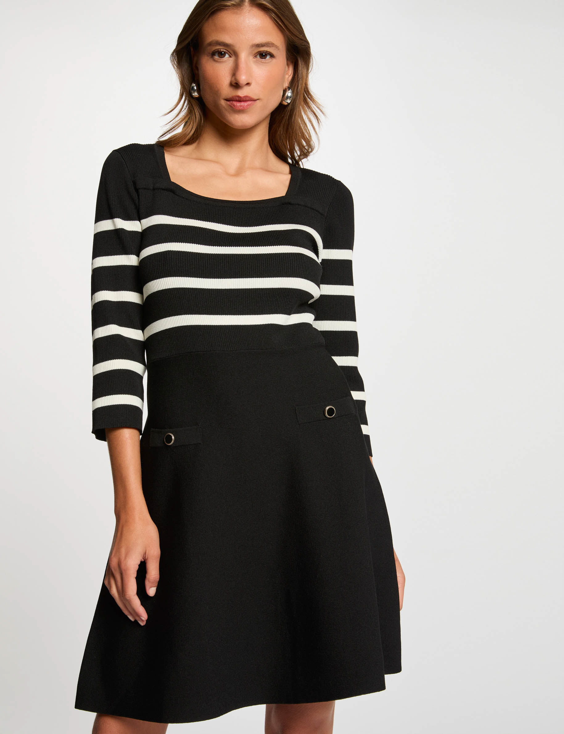 Robe tricot trapéze à rayures noir femme