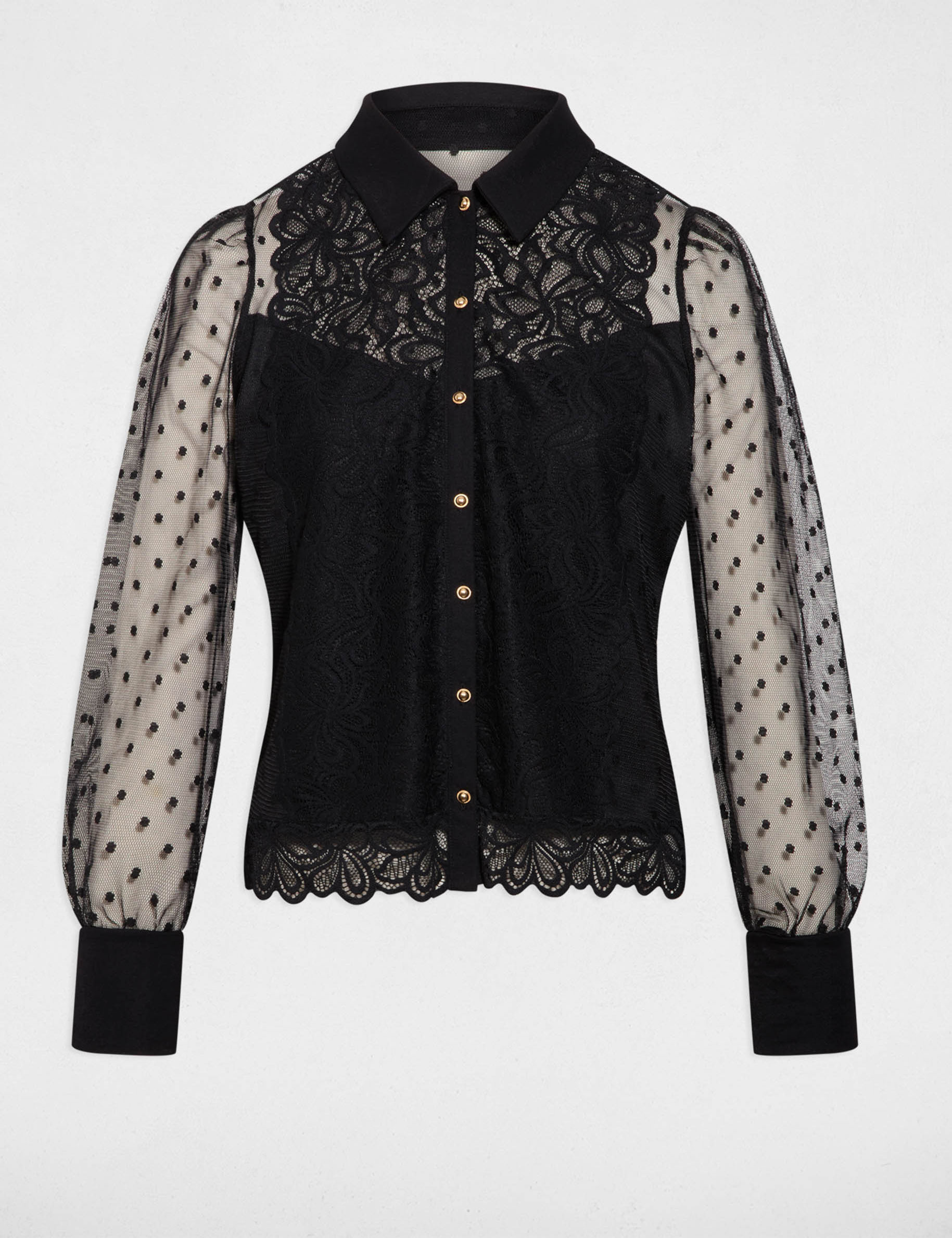 T-Shirt mit Spitzen und langen &Auml;rmeln schwarz damen