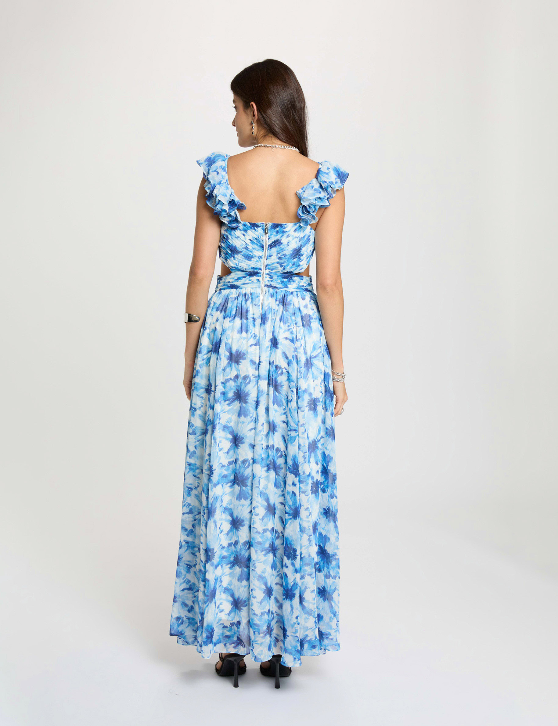 Robe longue florale &eacute;vas&eacute;e bleu marine femme