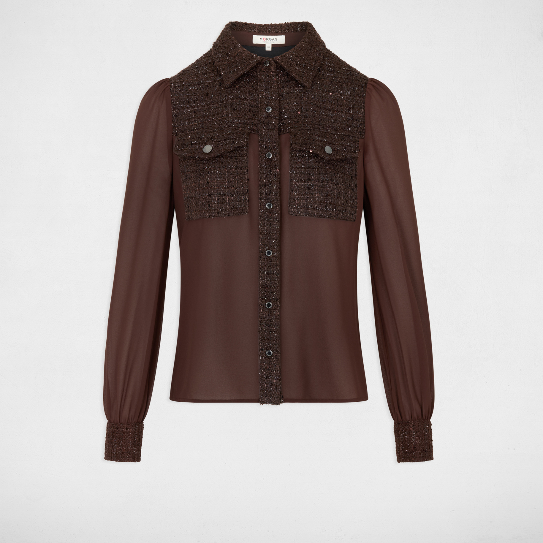 Chemise tweed col &agrave; revers marron fonc&eacute; femme
