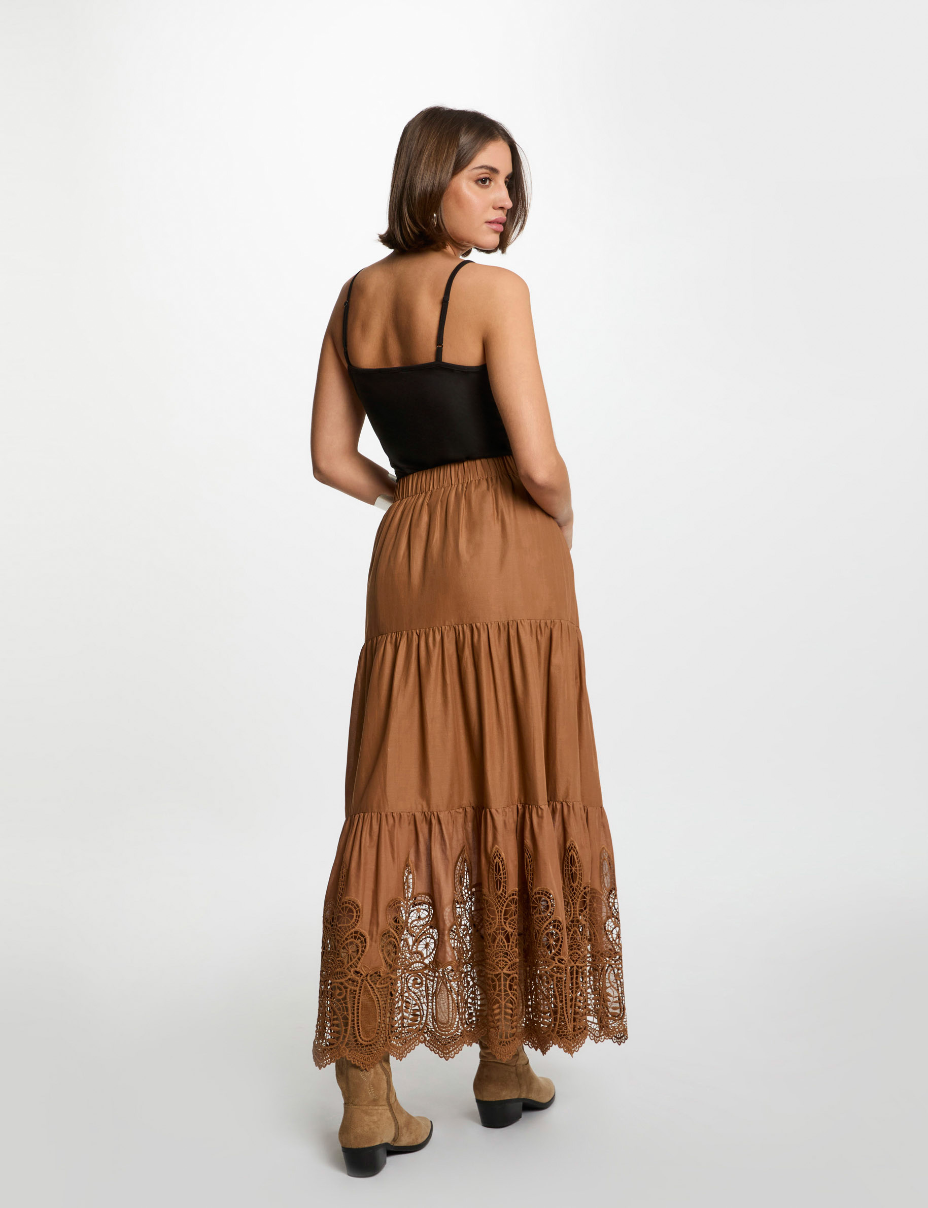 langer rock mit spitzen details cognacbraun damen Langer Rock mit Spitzen-Details cognacbraun damen