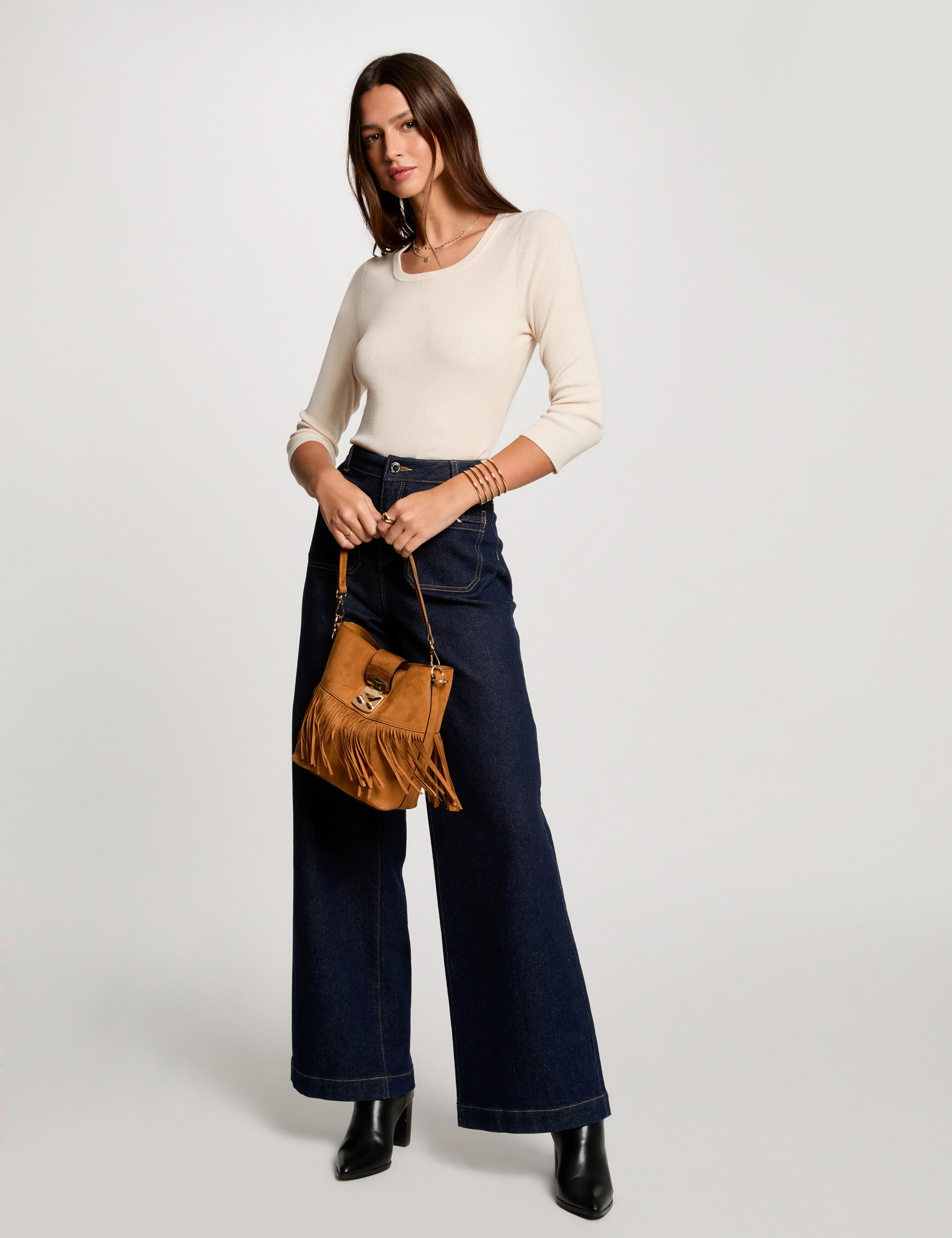 pull col rond manches 34 ivoire femme Pull col rond manches 3/4 ivoire femme