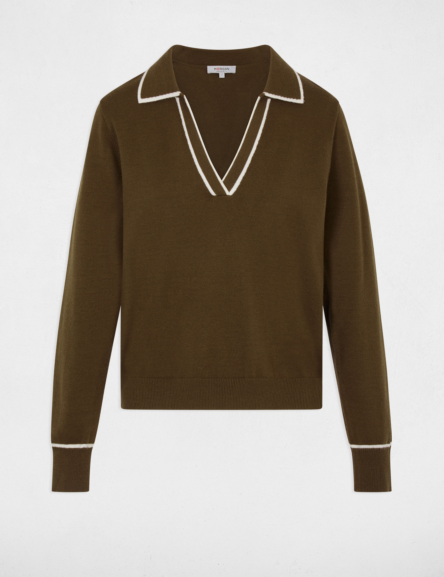Pull col polo vert kaki femme