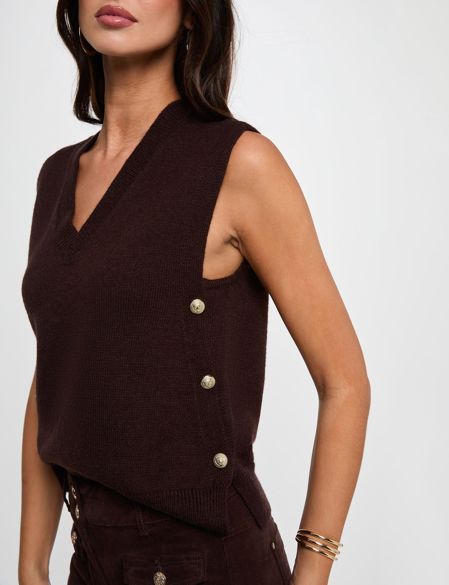 &Auml;rmelloser V-Ausschnitt-Pullover dunkelbraun damen