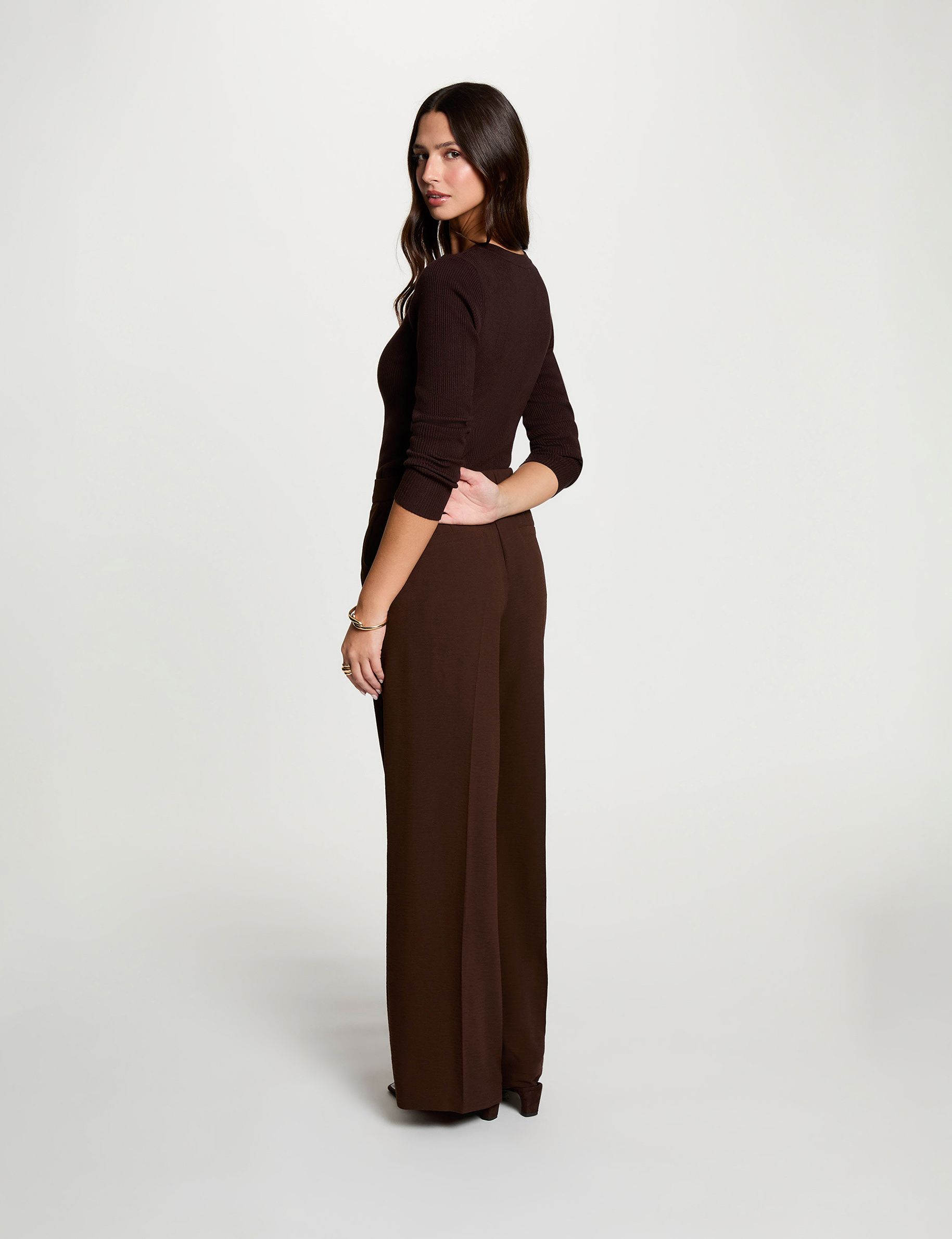 Pantalon large fluide marron fonc&eacute; femme