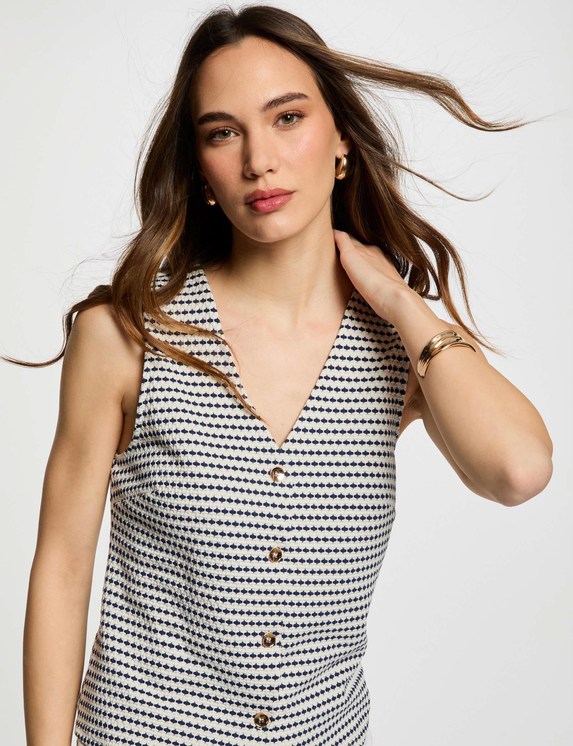 veston sans manches imprime bleu marine femme Veston sans manches imprimé bleu marine femme