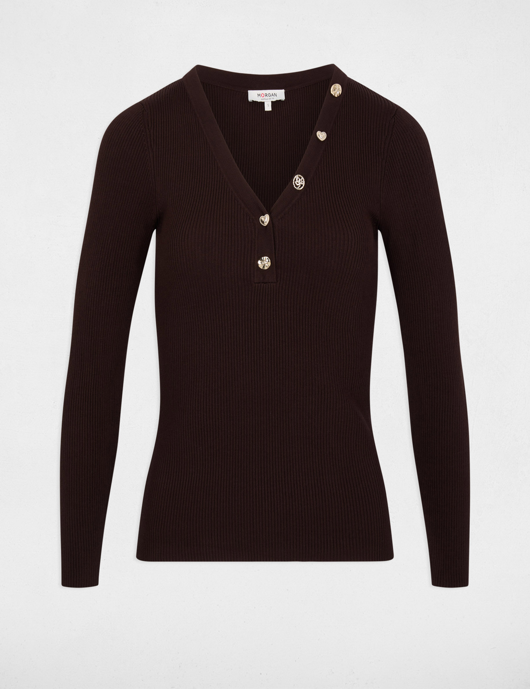 Pull col v fantaisie marron fonc&eacute; femme