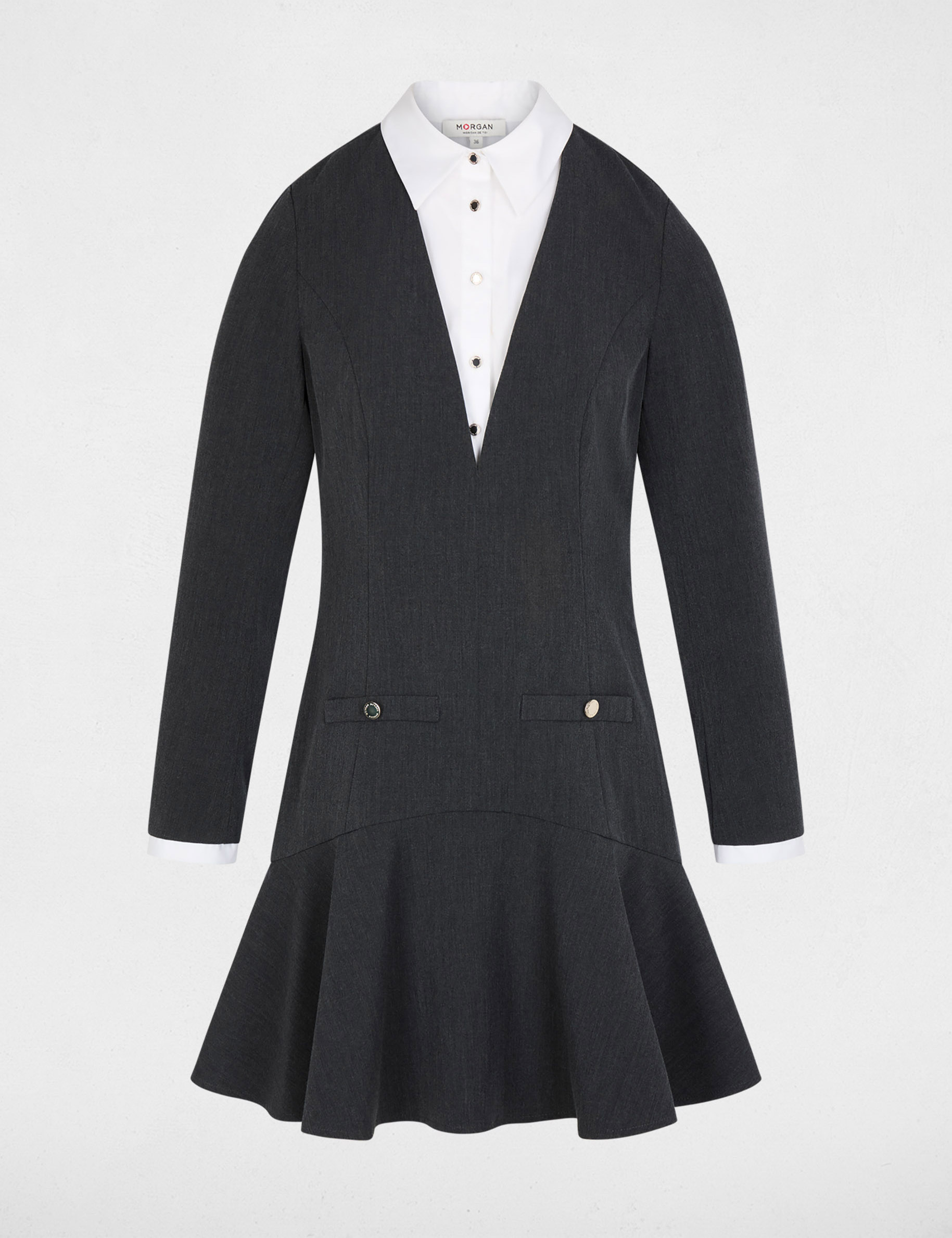 Robe courte col &agrave; revers gris clair femme
