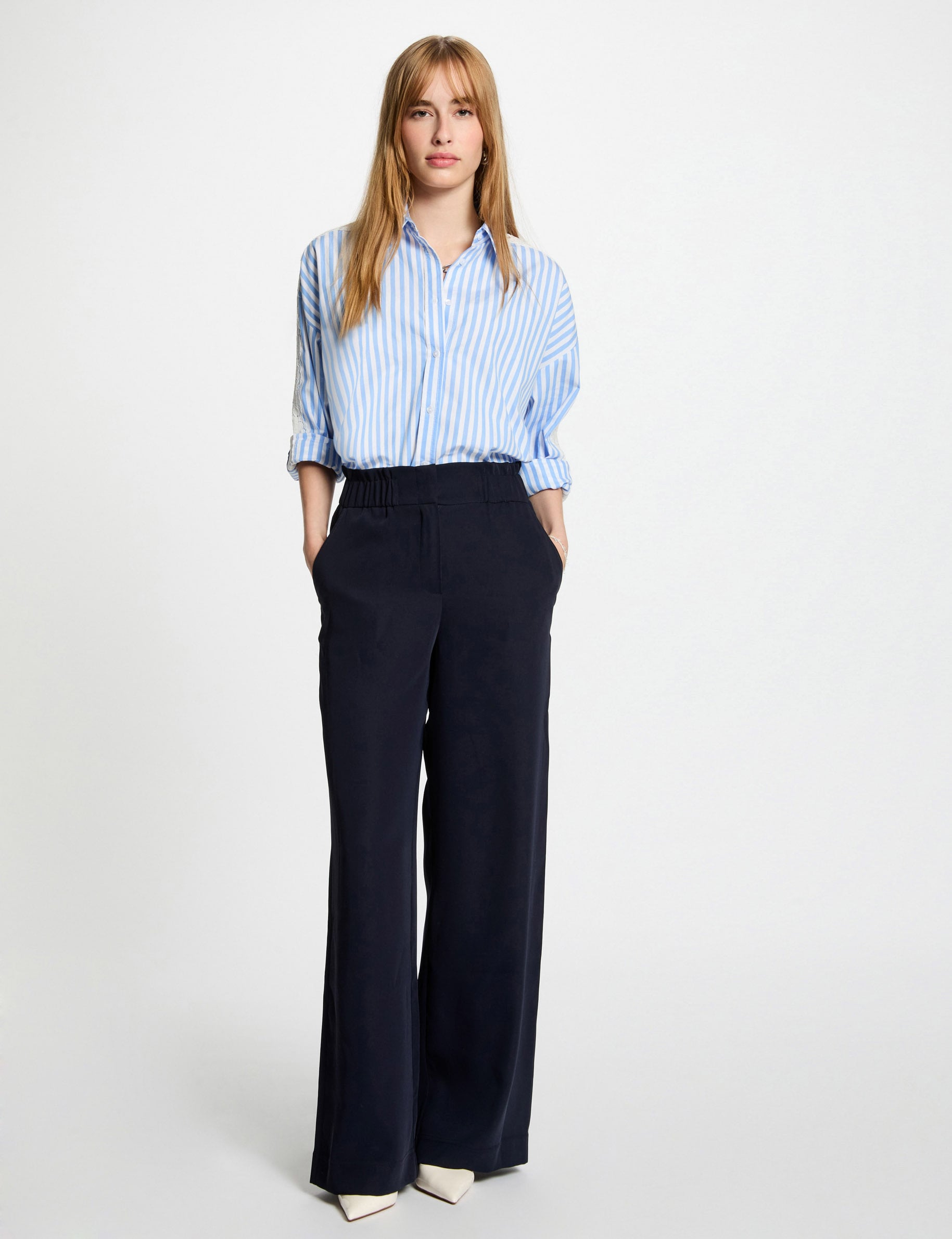 Pantalon large taille haute bleu marine femme