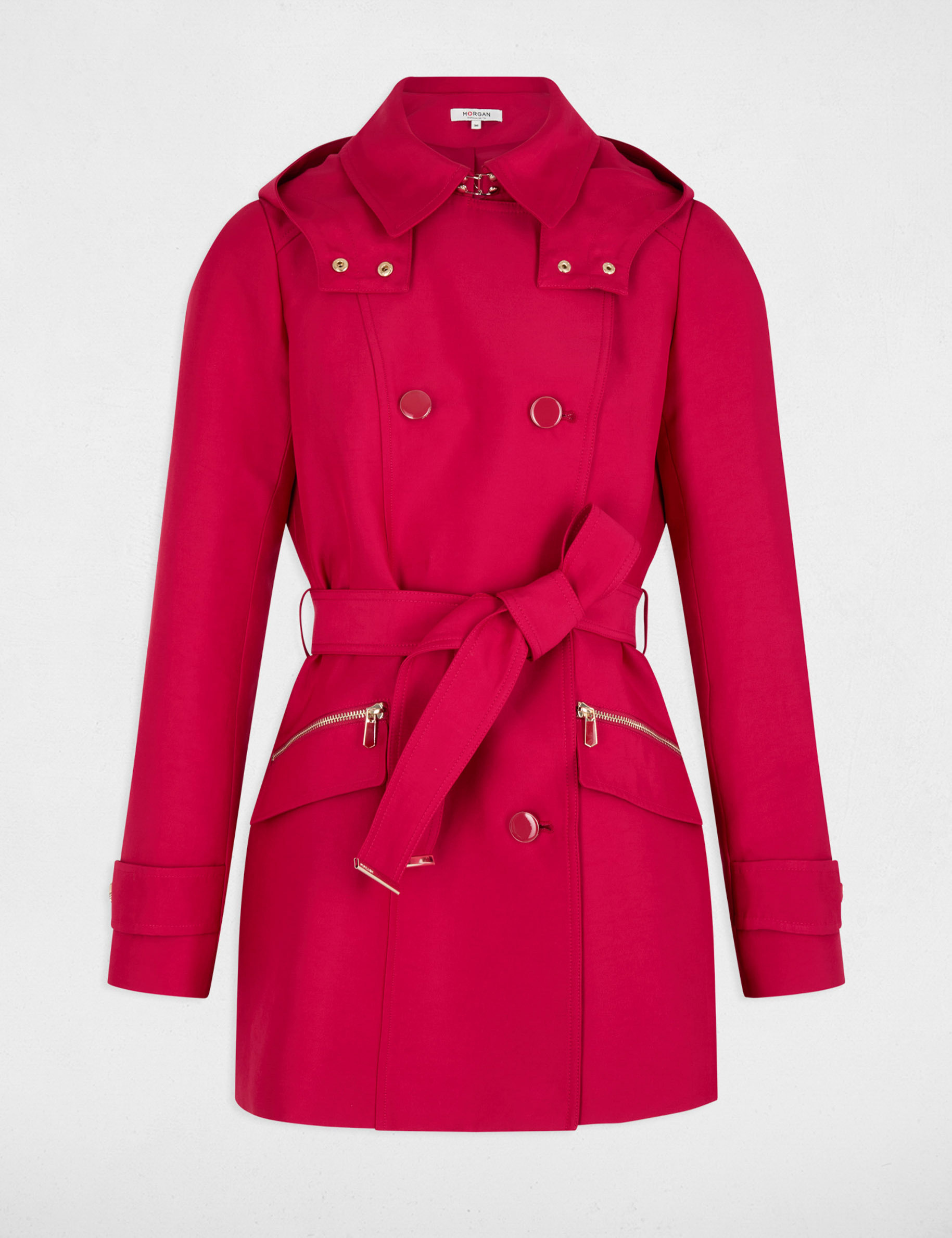 trenchcoat mit gurtel und kapuze rot damen Trenchcoat mit Gürtel und Kapuze rot damen