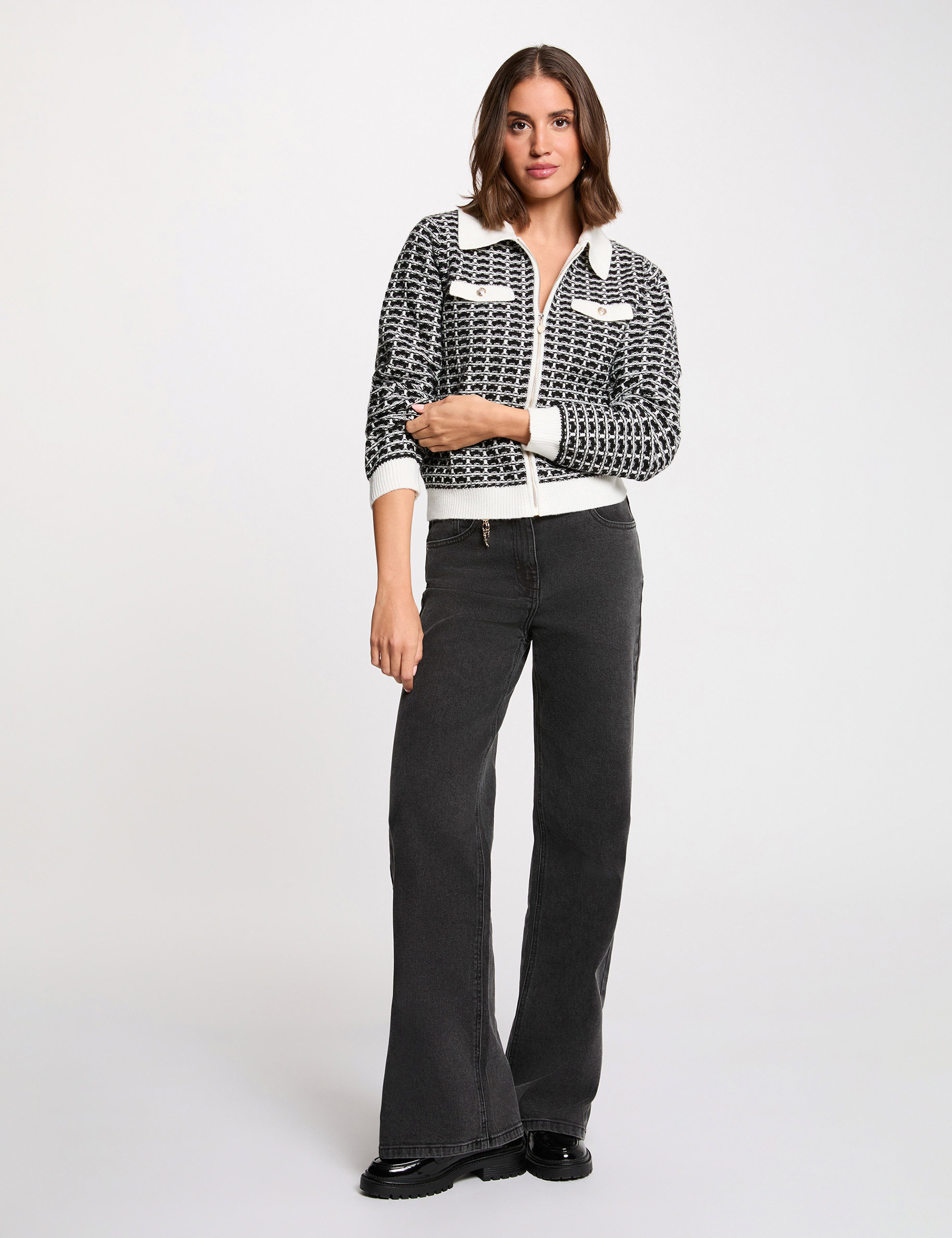 Jacquard-Jacke mit Fischgr&auml;tmuster schwarz damen