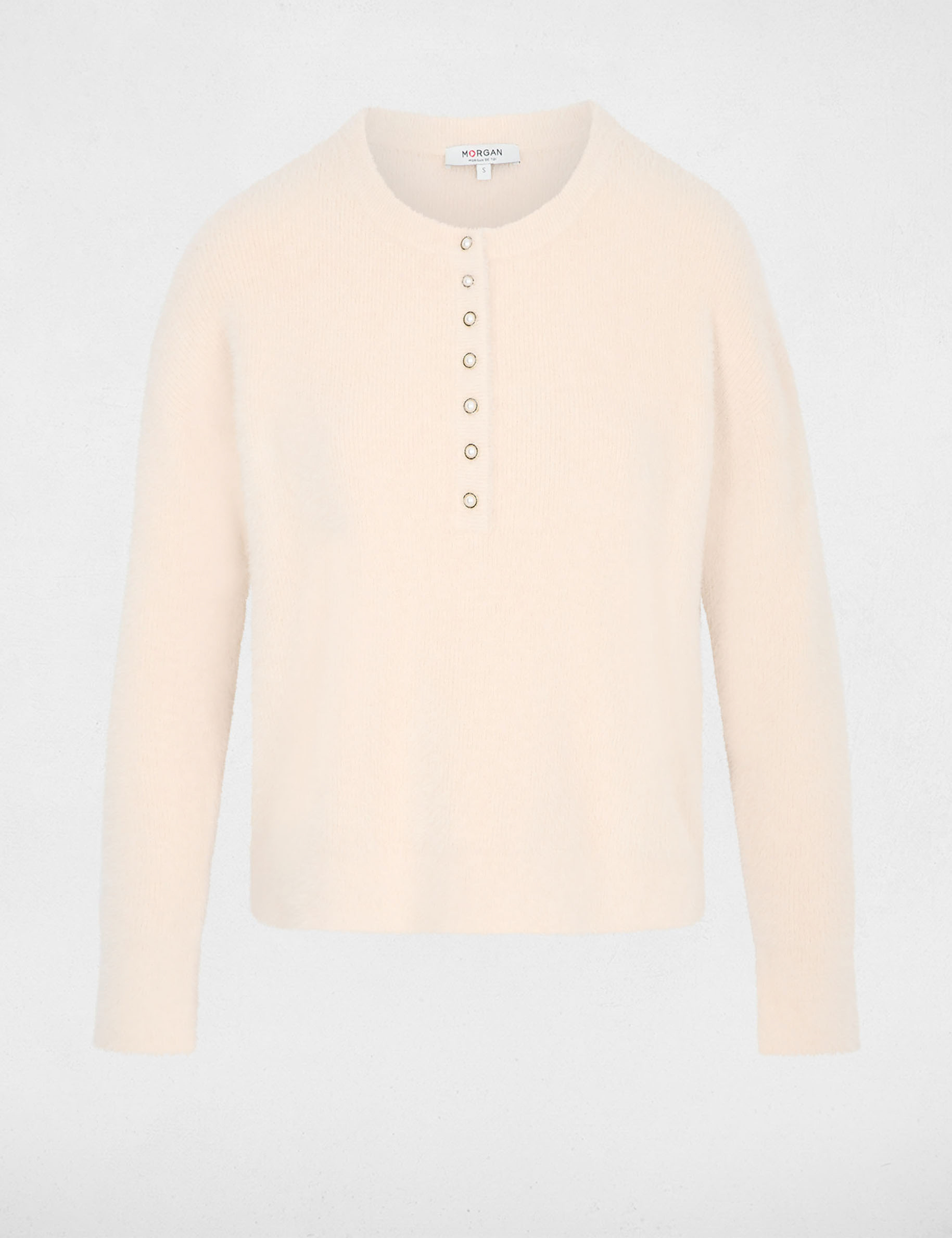 Pull col rond &agrave; boutons beige femme