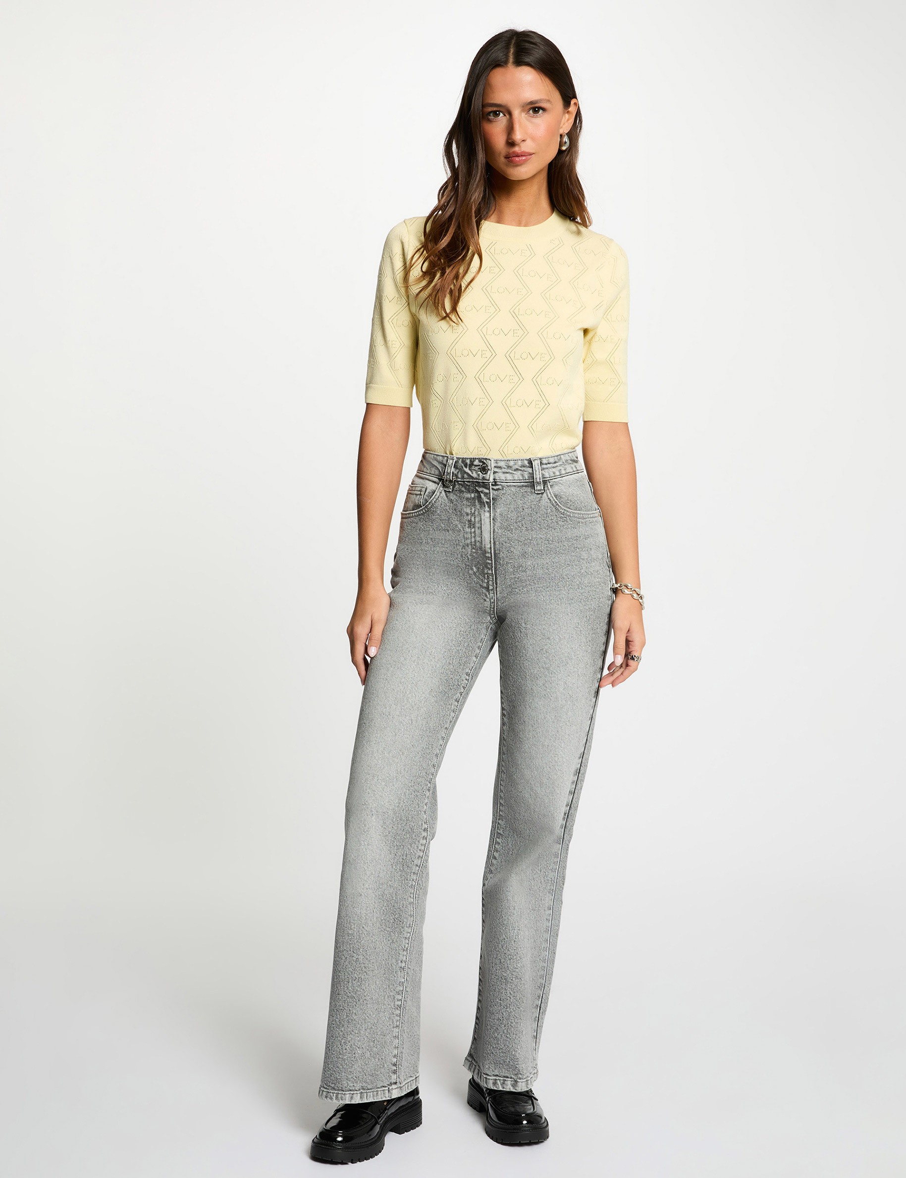 Lochstrickpullover mit 3/4-&Auml;rmeln pastelgelb damen