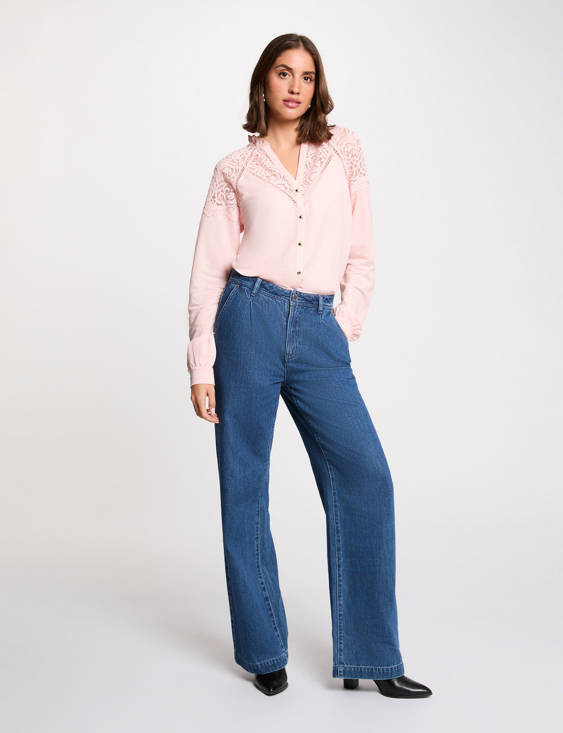 T-Shirt aus Spitze mit V-Ausschnitt hellrosa damen