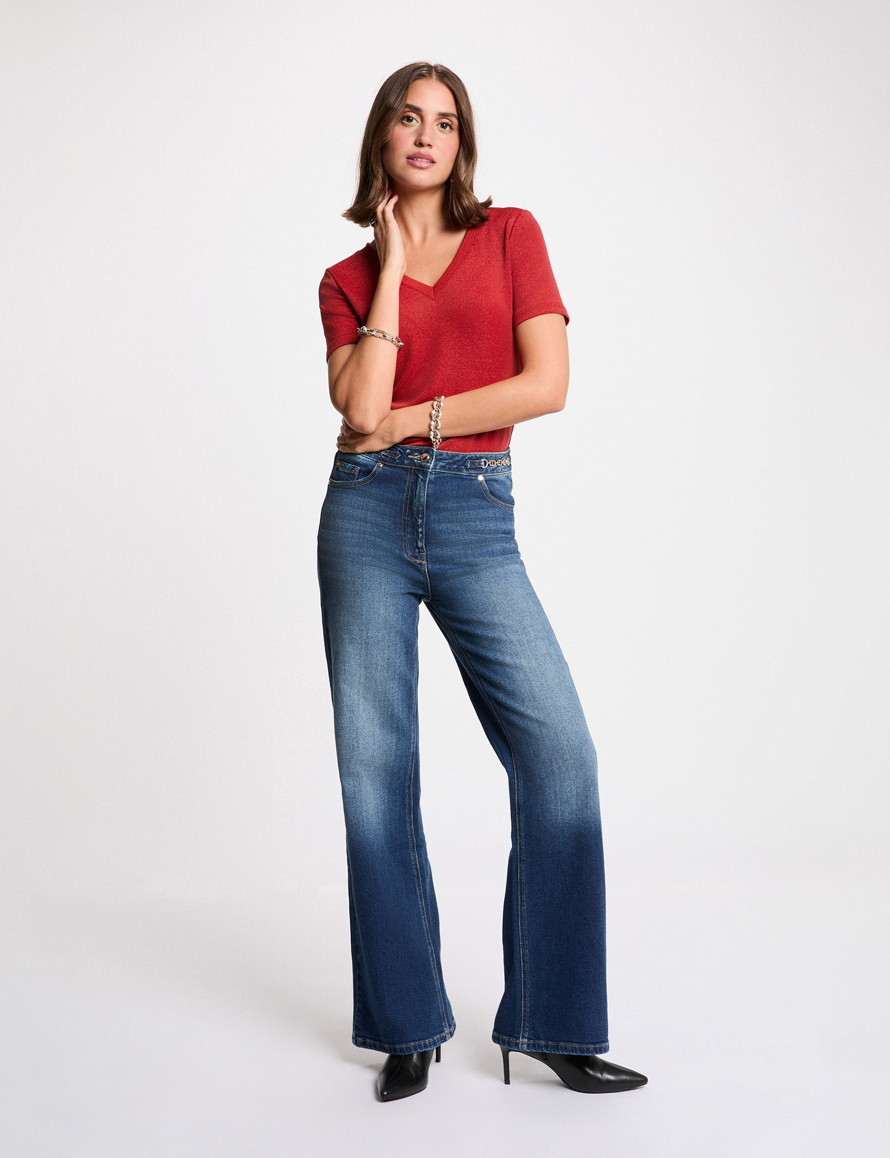 Kurzarm-T-Shirt mit V-Kragen dunkelorange damen