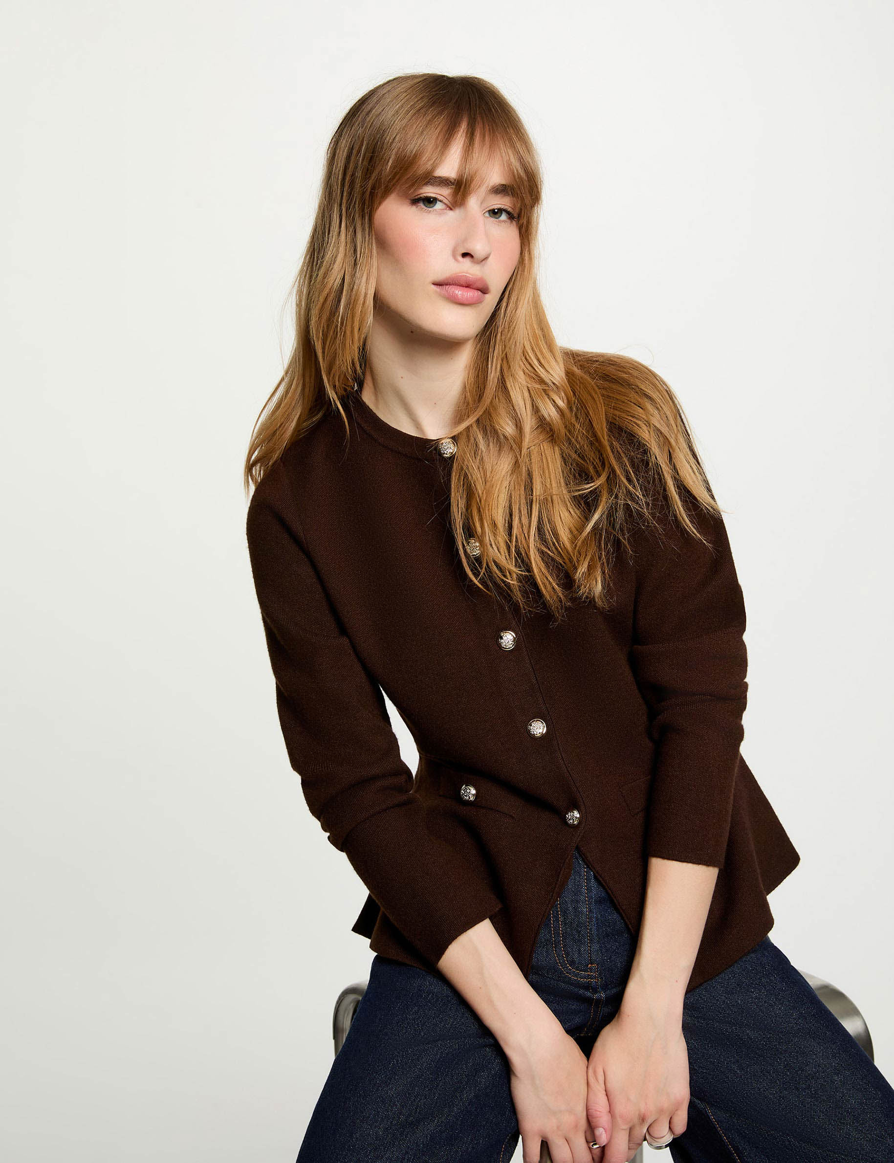 Strickjacke mit Rundhalsausschnitt dunkelbraun damen
