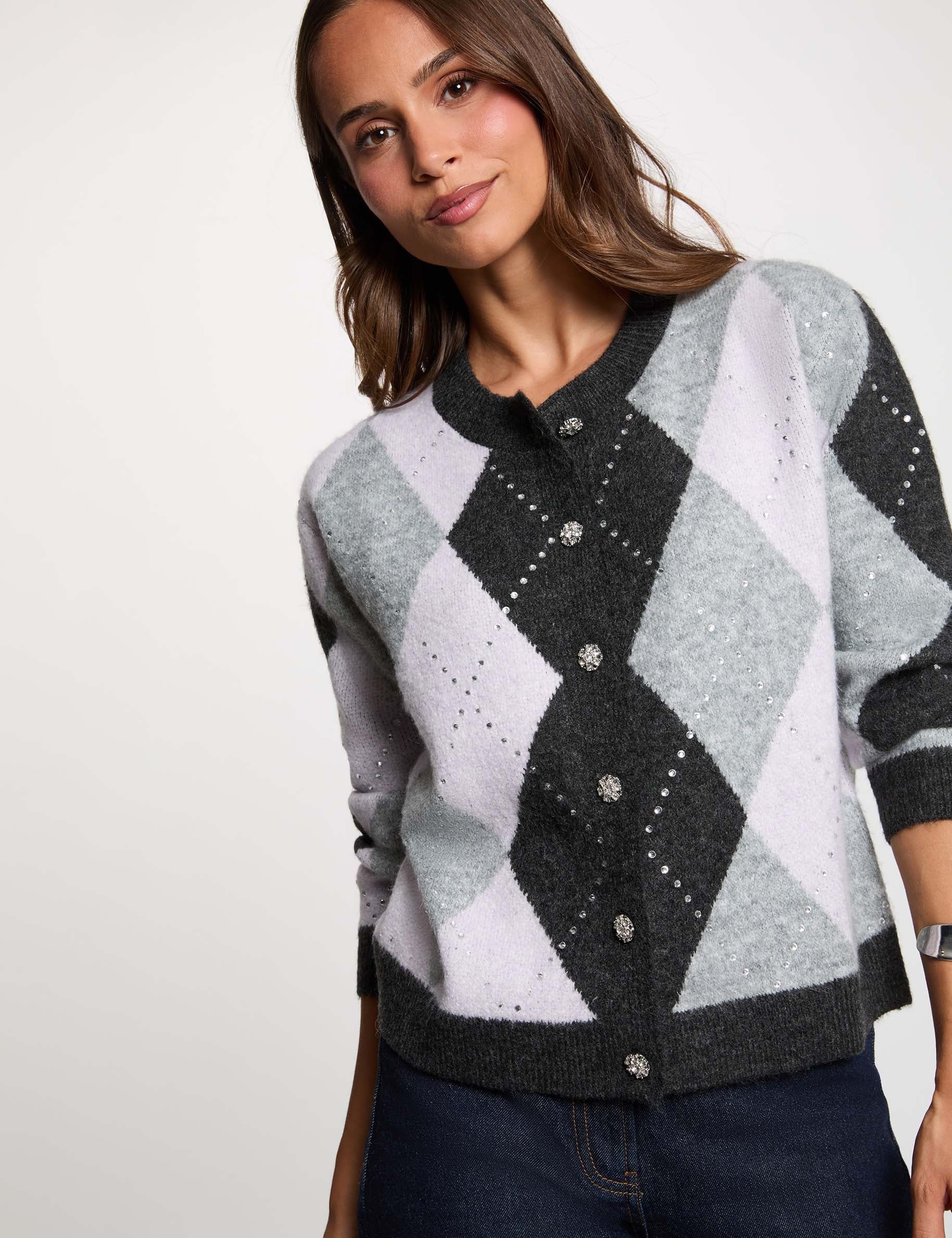 Strickjacke mit Jacquard und Rundhals mittelgrau damen