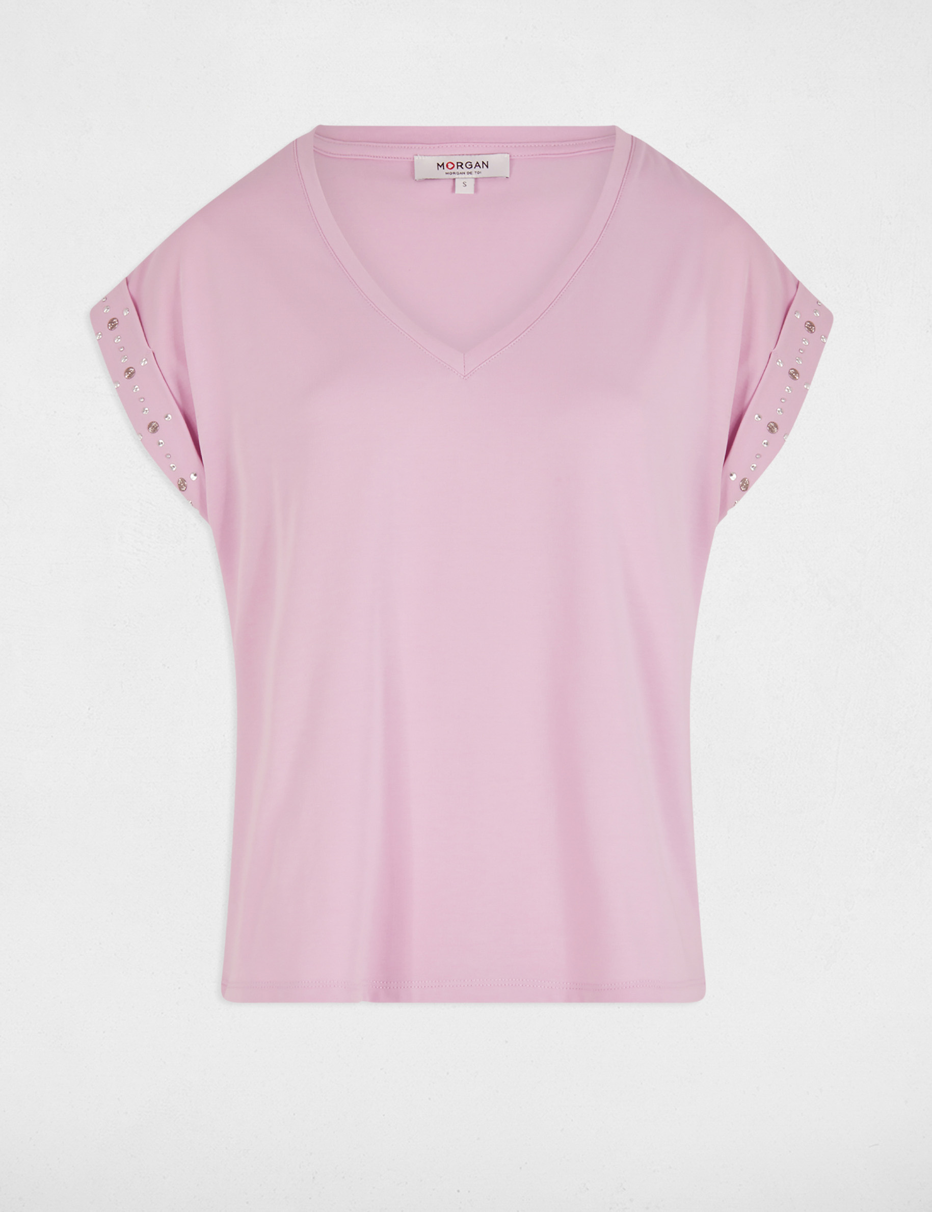kurzarm t shirt mit nietenarmeln pastellrosa damen Kurzarm-T-Shirt mit Nietenärmeln pastellrosa damen