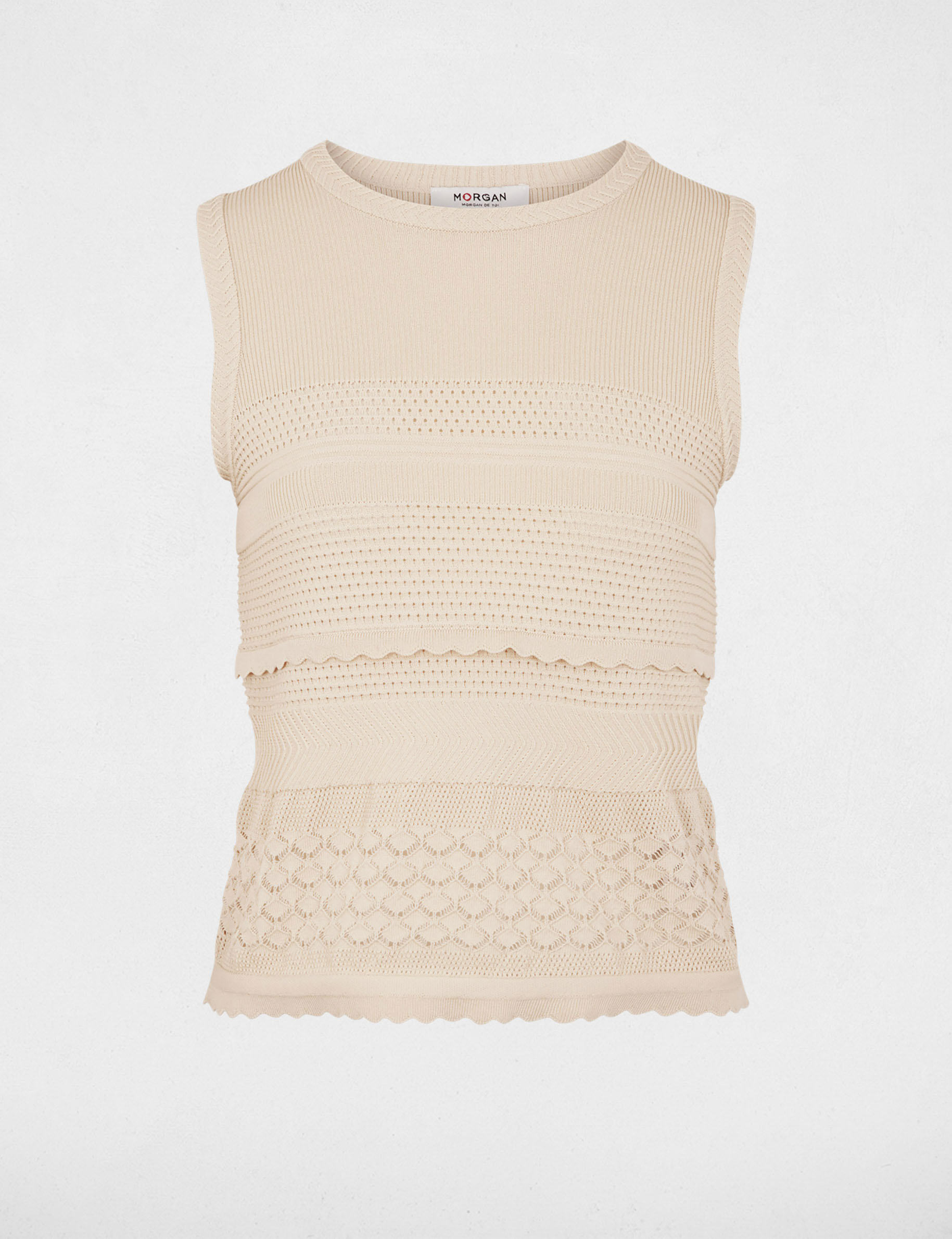 Pull sans manches col rond beige femme