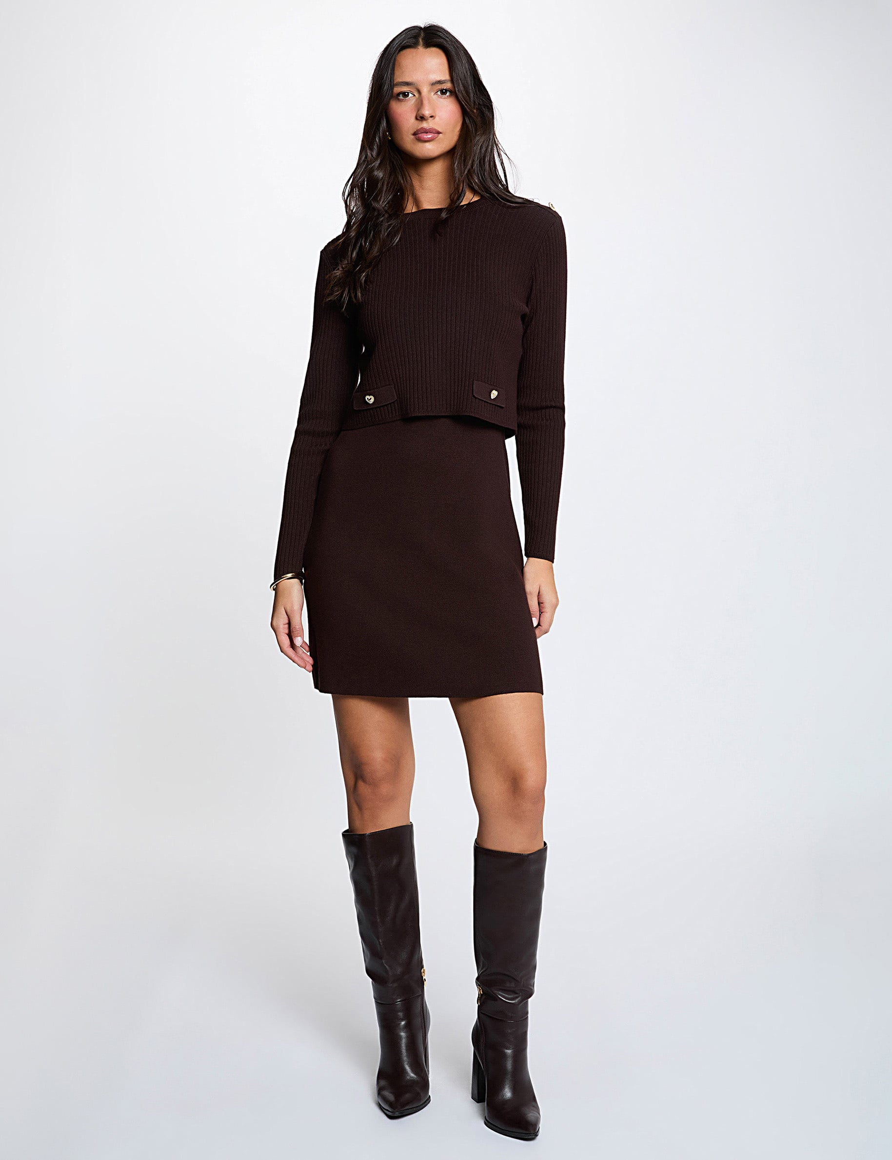 Kurzes Strickkleid im 2-in-1-Look dunkelbraun damen