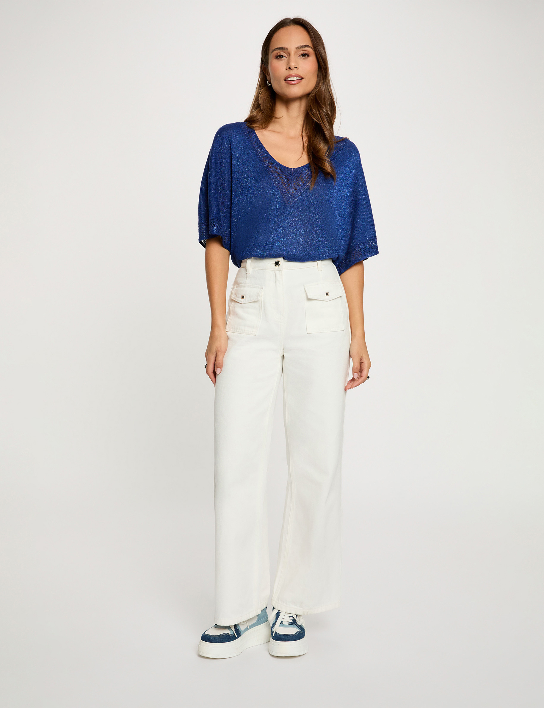 Pull col en V manches courtes bleu marine femme