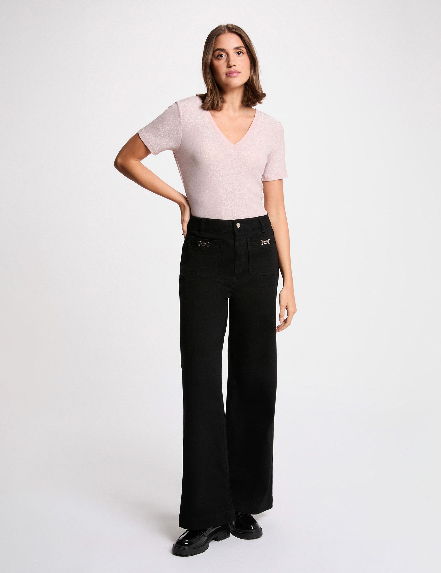 Kurzarm-T-Shirt mit V-Kragen hellrosa damen