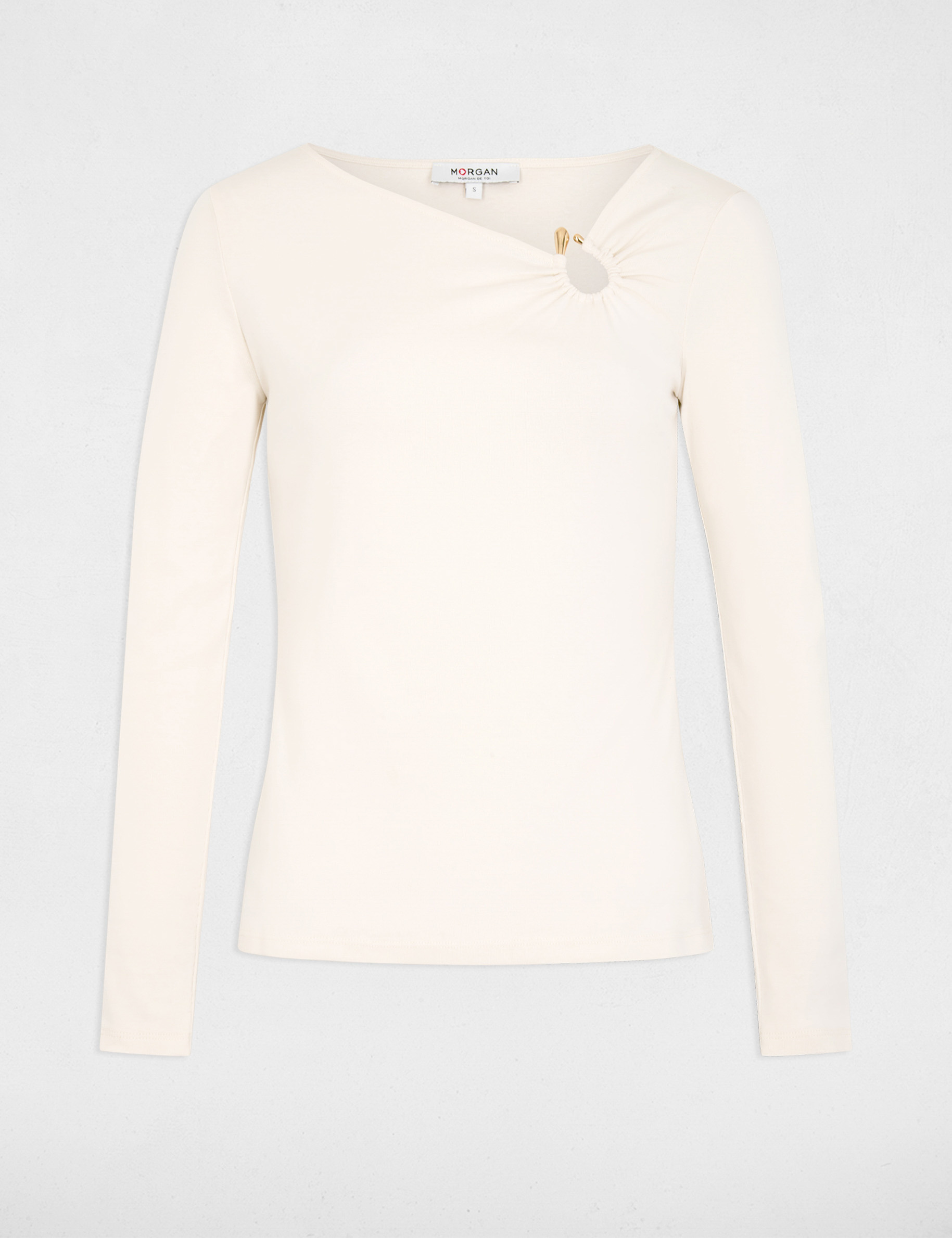 T-shirt d&eacute;collet&eacute; manches longues ivoire femme