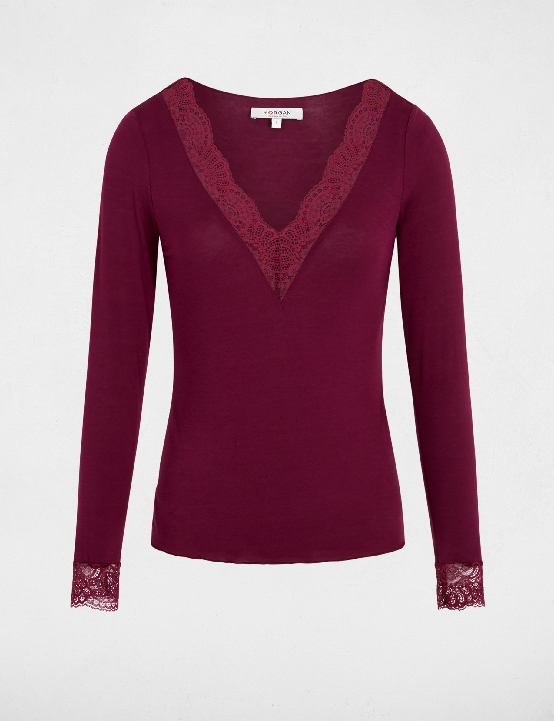 T-Shirt mit V-Ausschnitt und Spitze pflaume damen