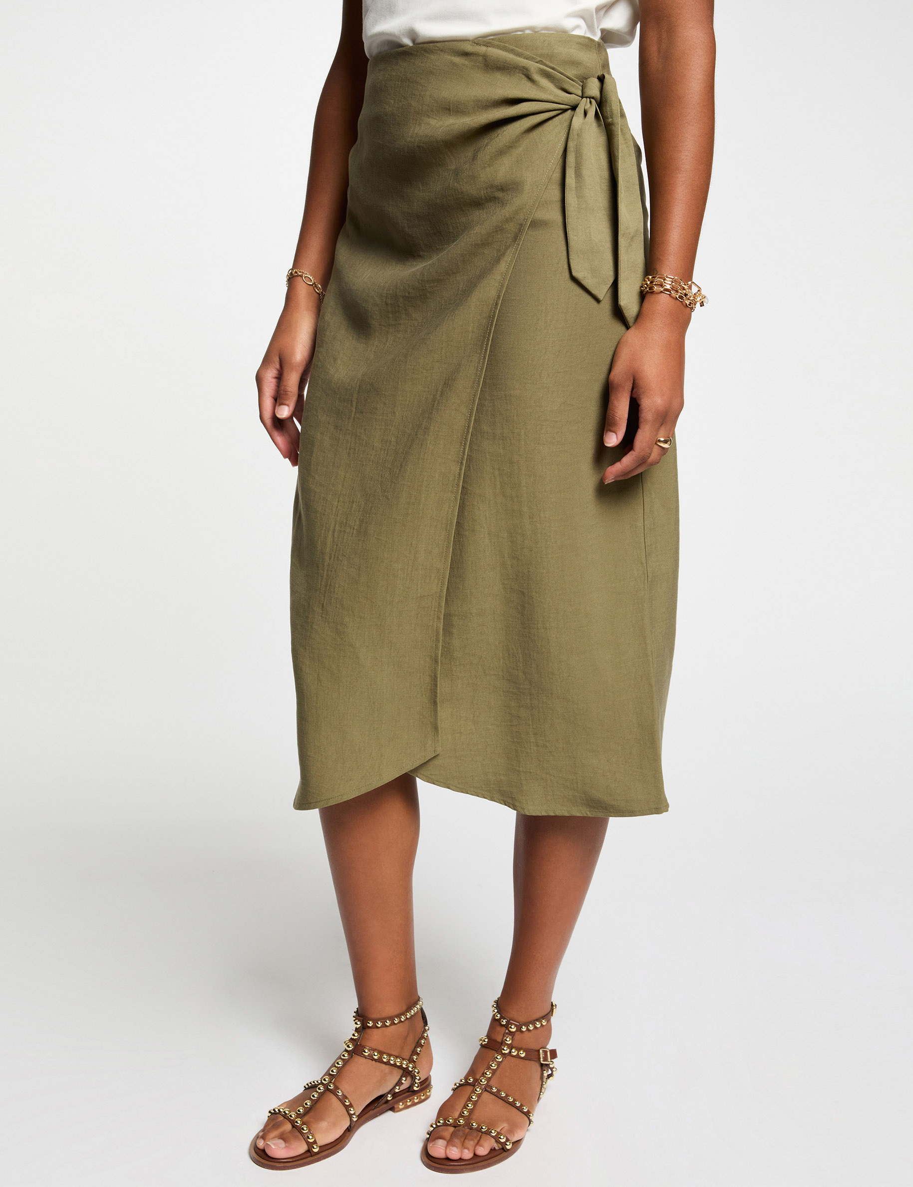jupe midi portefeuille vert kaki femme Jupe midi portefeuille vert kaki femme
