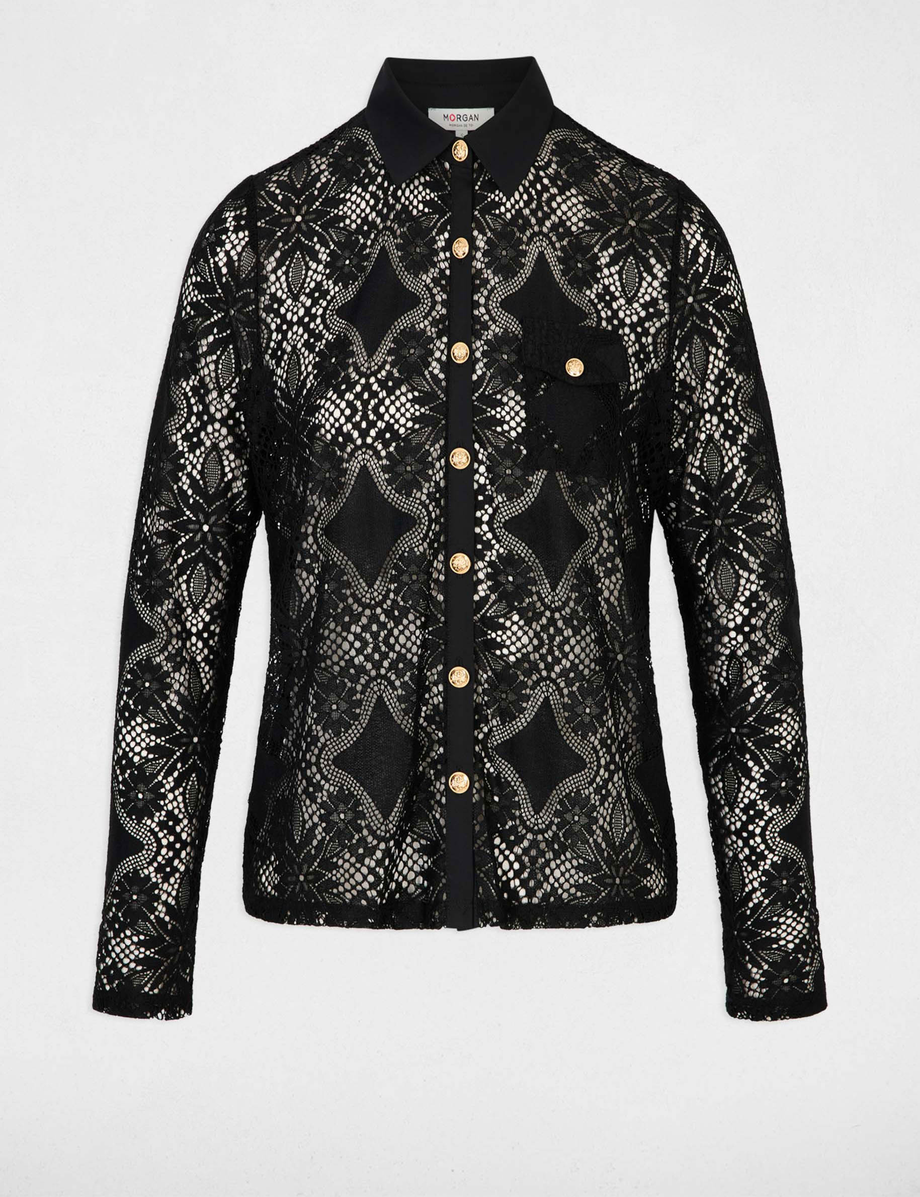Chemise dentelle col &agrave; revers noir femme