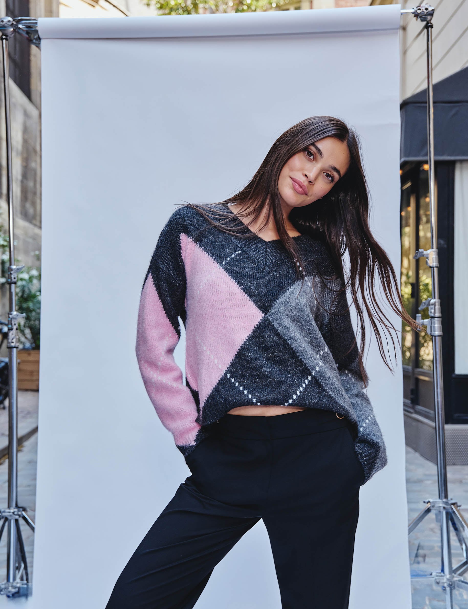 Jacquard-Pullover mit V-Ausschnitt dunkelgrau damen