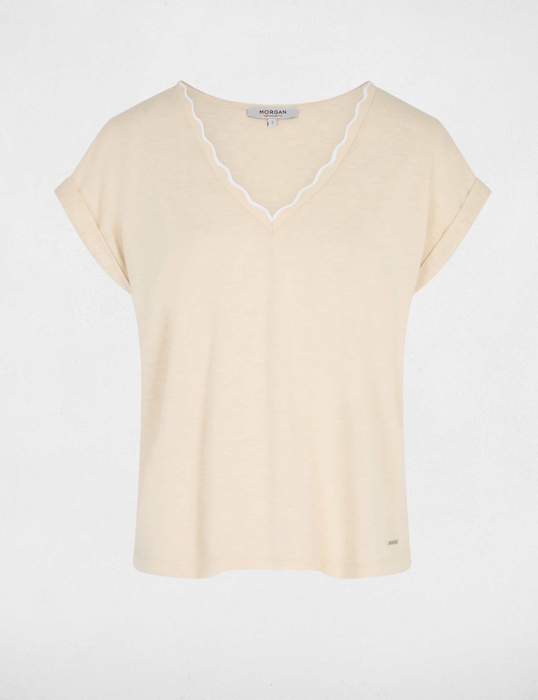 V-Ausschnitt T-Shirt mit kurzen &Auml;rmeln beige damen