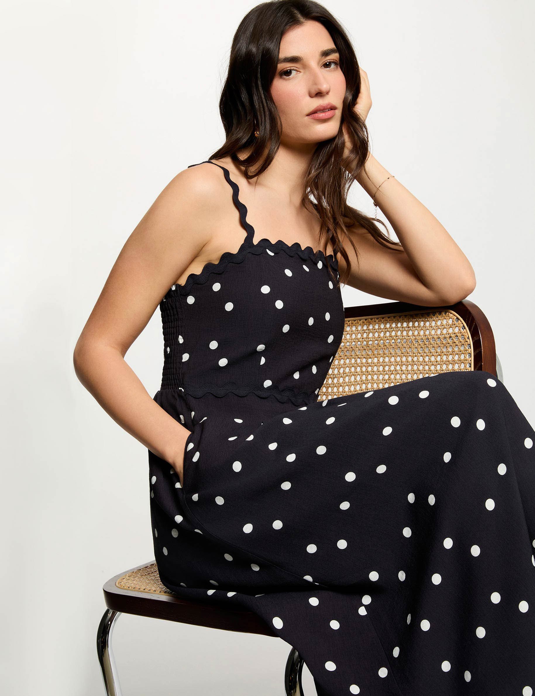 Robe mi-longue pois bleu marine femme