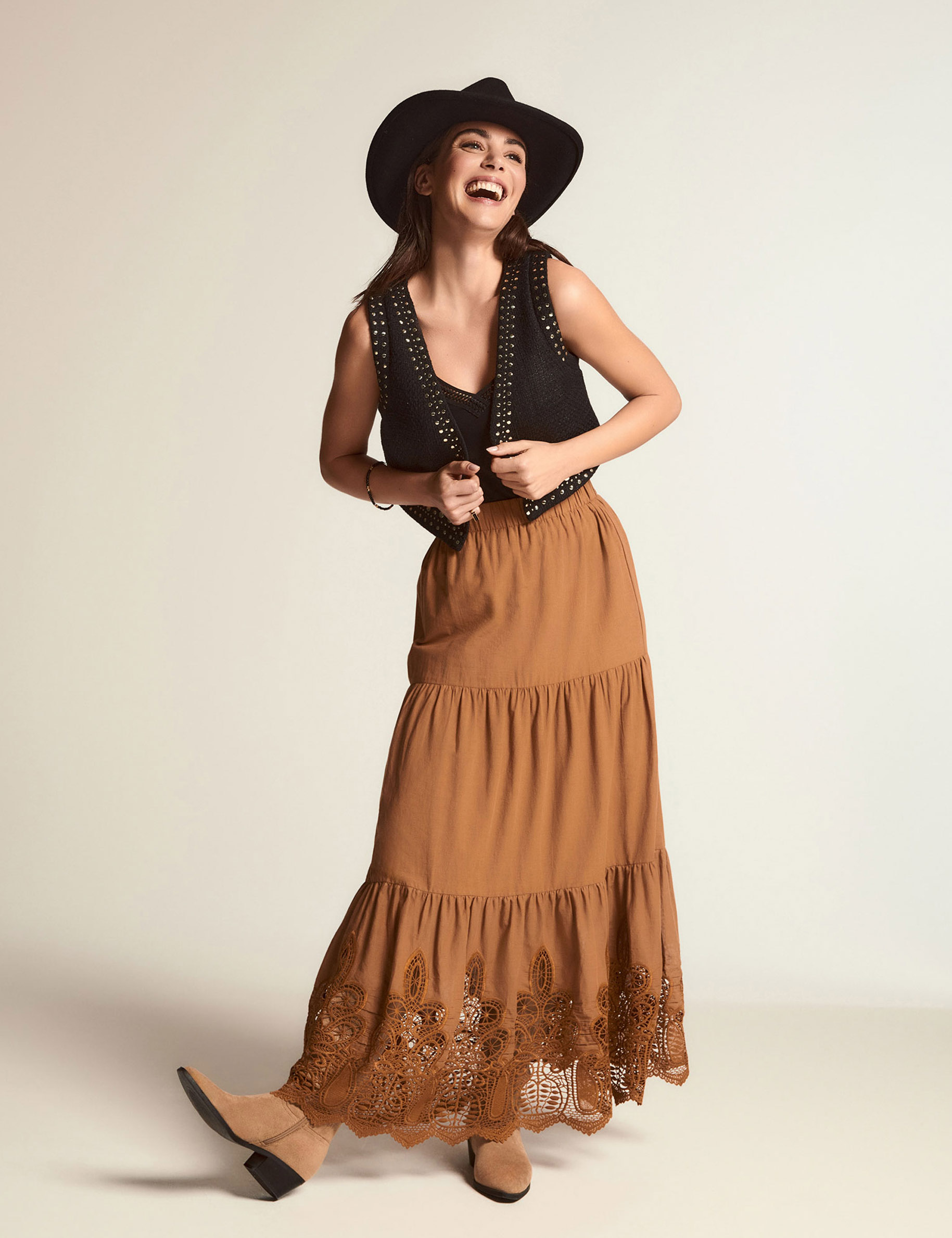 langer rock mit spitzen details cognacbraun damen Langer Rock mit Spitzen-Details cognacbraun damen