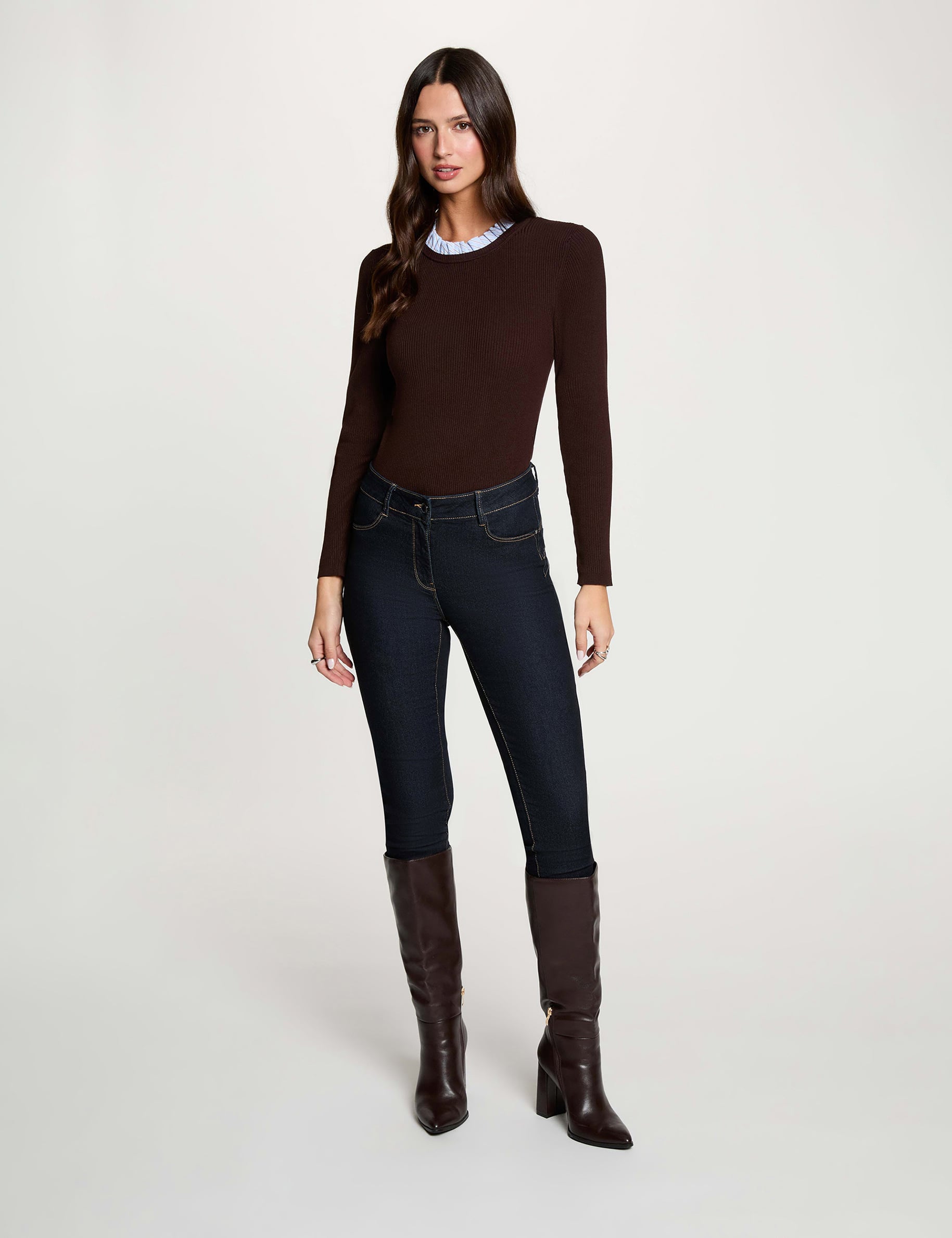 Pullover mit Rundhals und Volants dunkelbraun damen