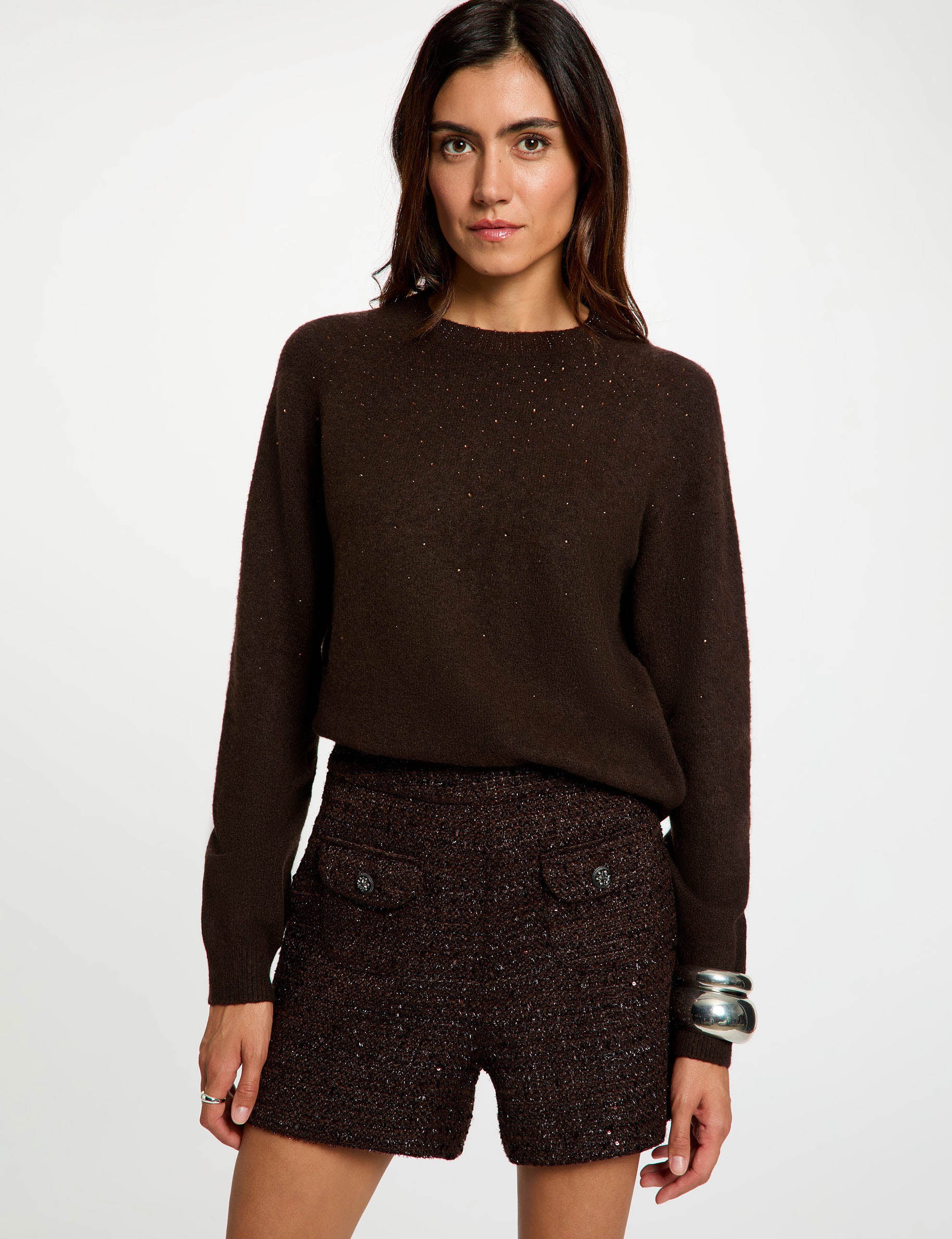 Short tweed taille haute marron fonc&eacute; femme