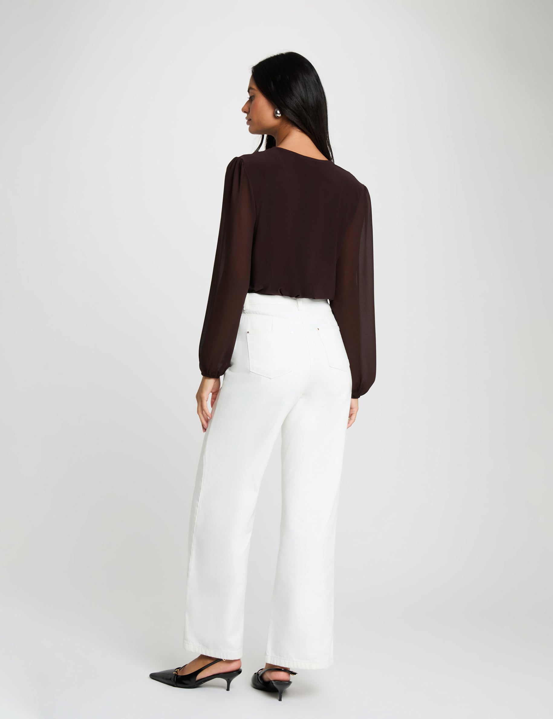 T-Shirt aus Voile mit Lavalli&egrave;re-Kragen dunkelbraun damen