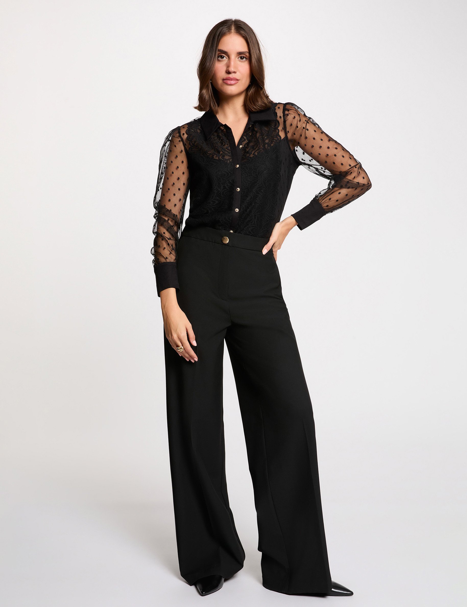 T-Shirt mit Spitzen und langen &Auml;rmeln schwarz damen