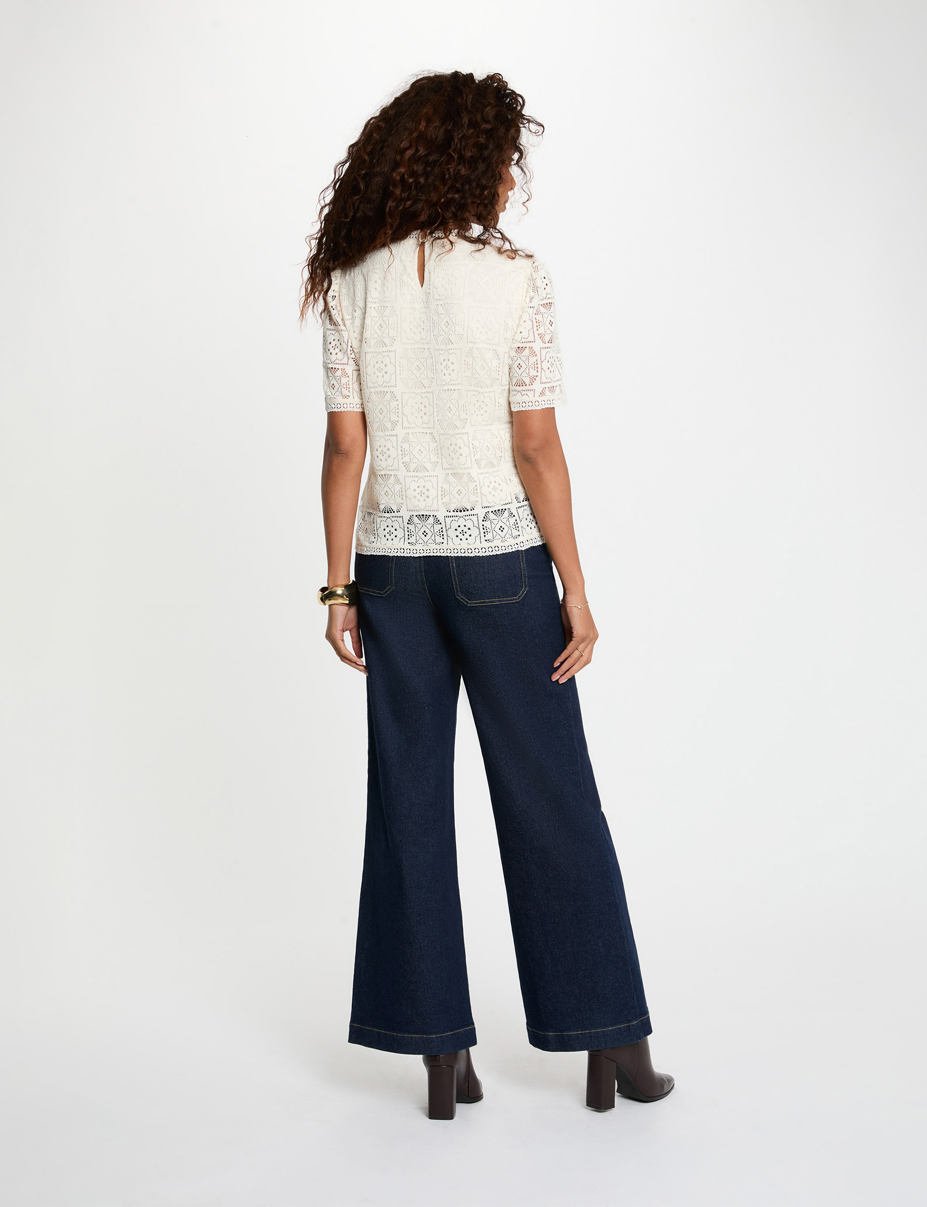 T-Shirt aus Spitze mit Stehkragen elfenbein damen