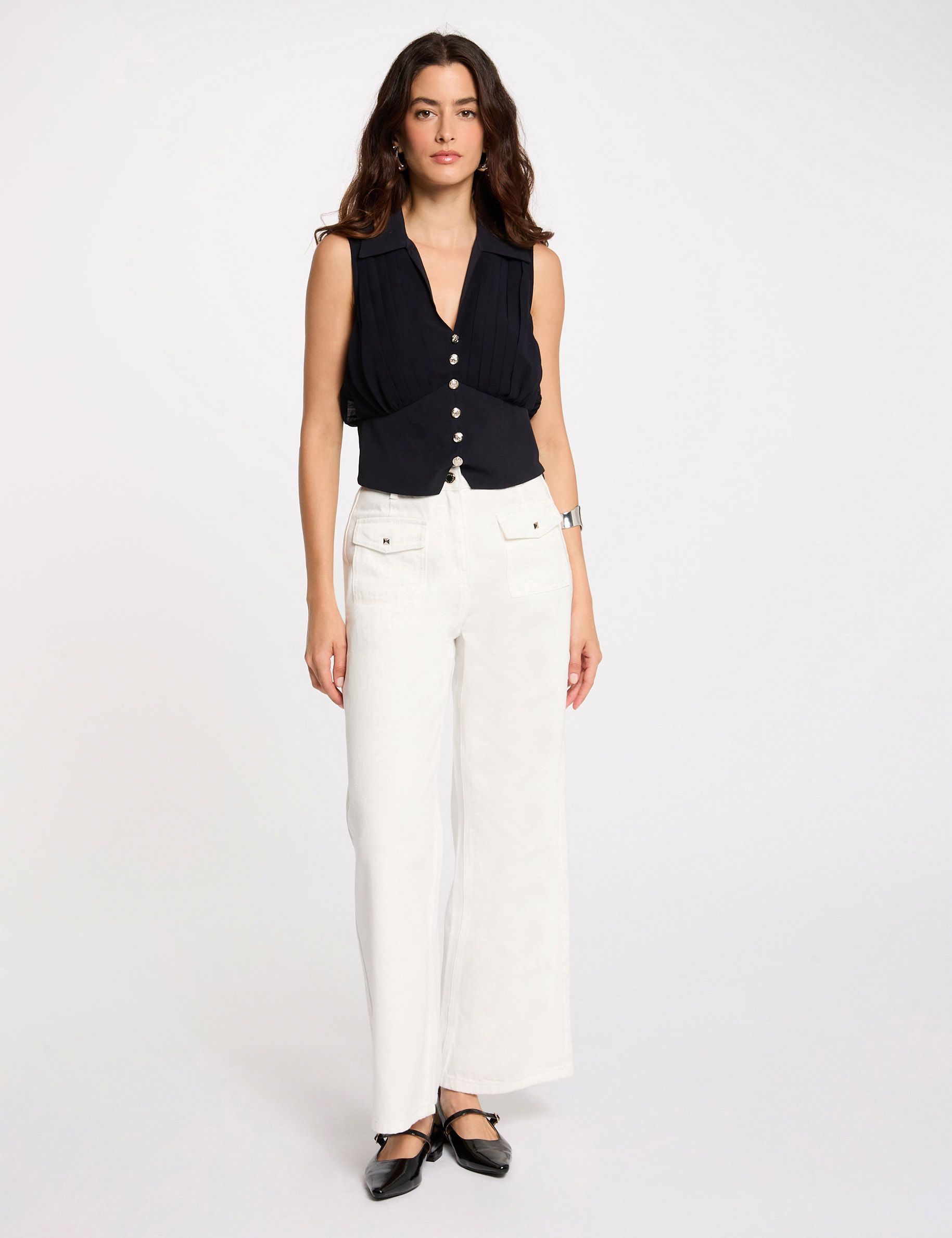 top plisse sans manches bleu marine femme Top plissé sans manches bleu marine femme