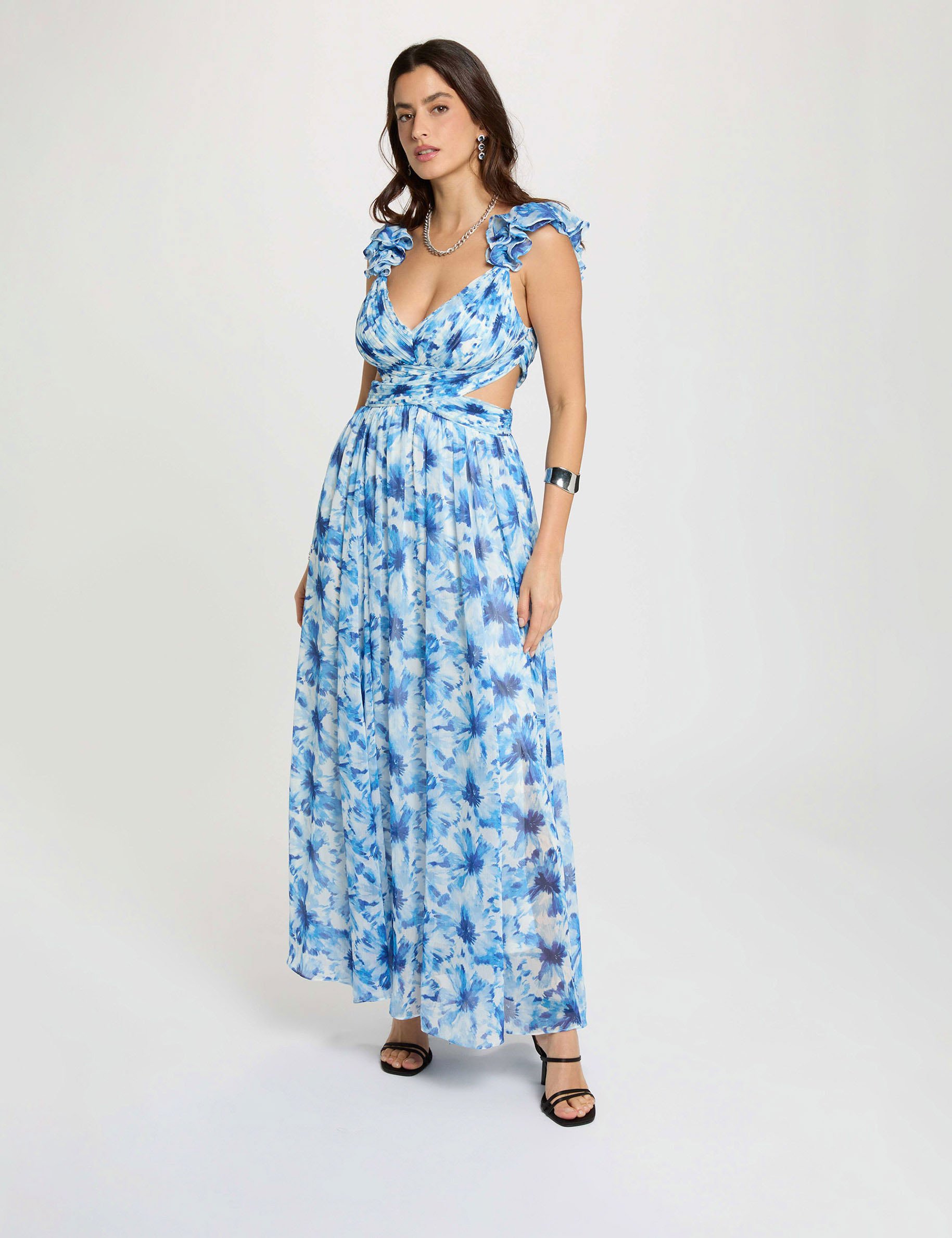 Robe longue florale &eacute;vas&eacute;e bleu marine femme