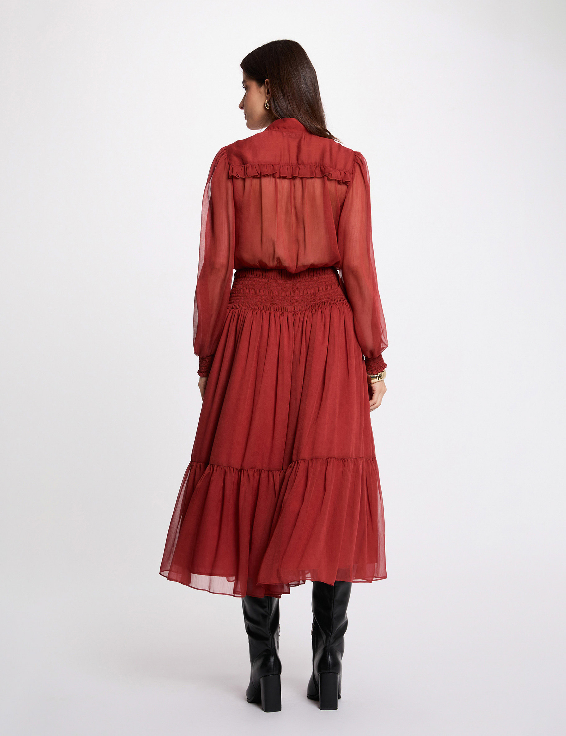 Robe longue col v orange fonc&eacute; femme