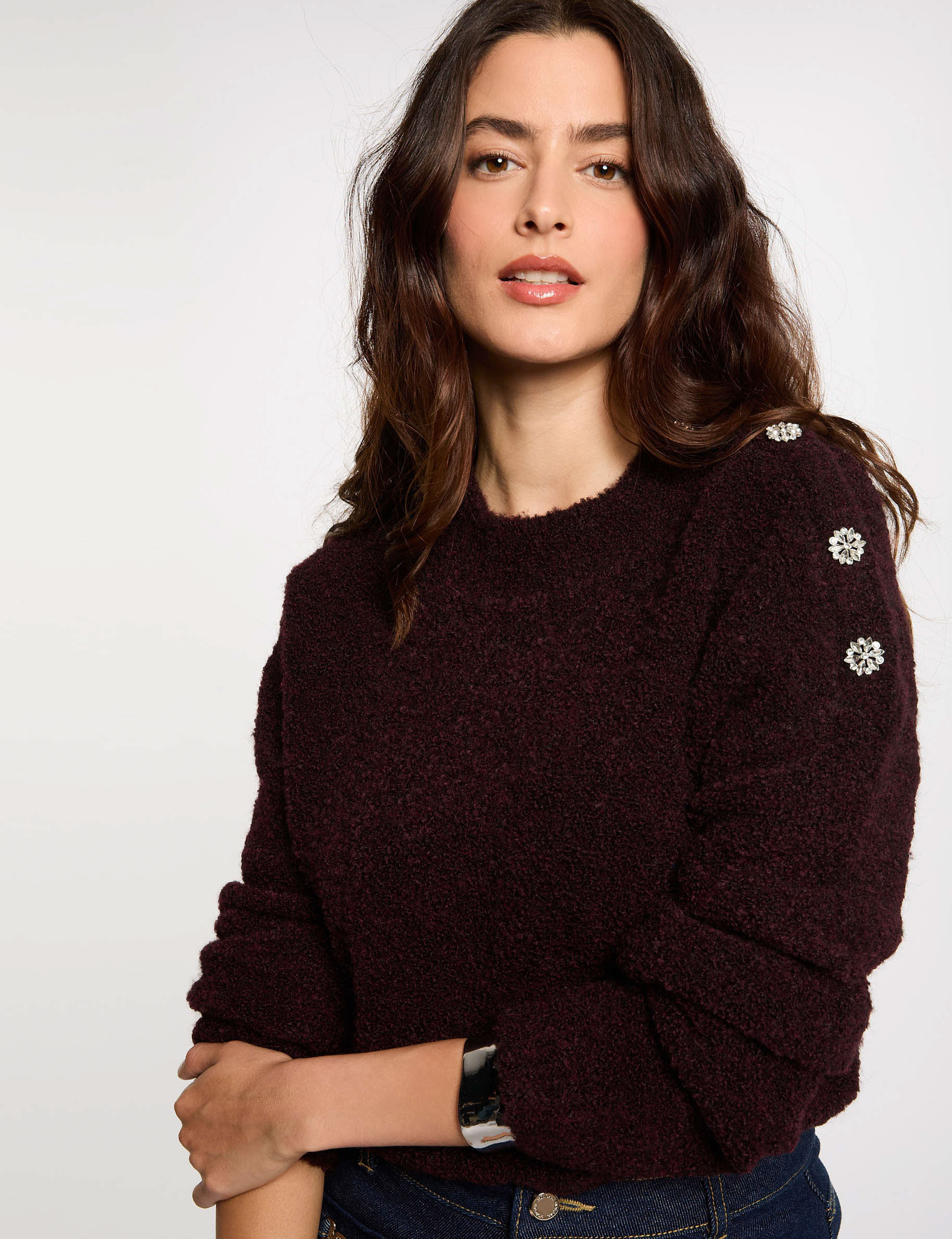 pullover mit stehkragen und knopfen pflaume damen Pullover mit Stehkragen und Knöpfen pflaume damen