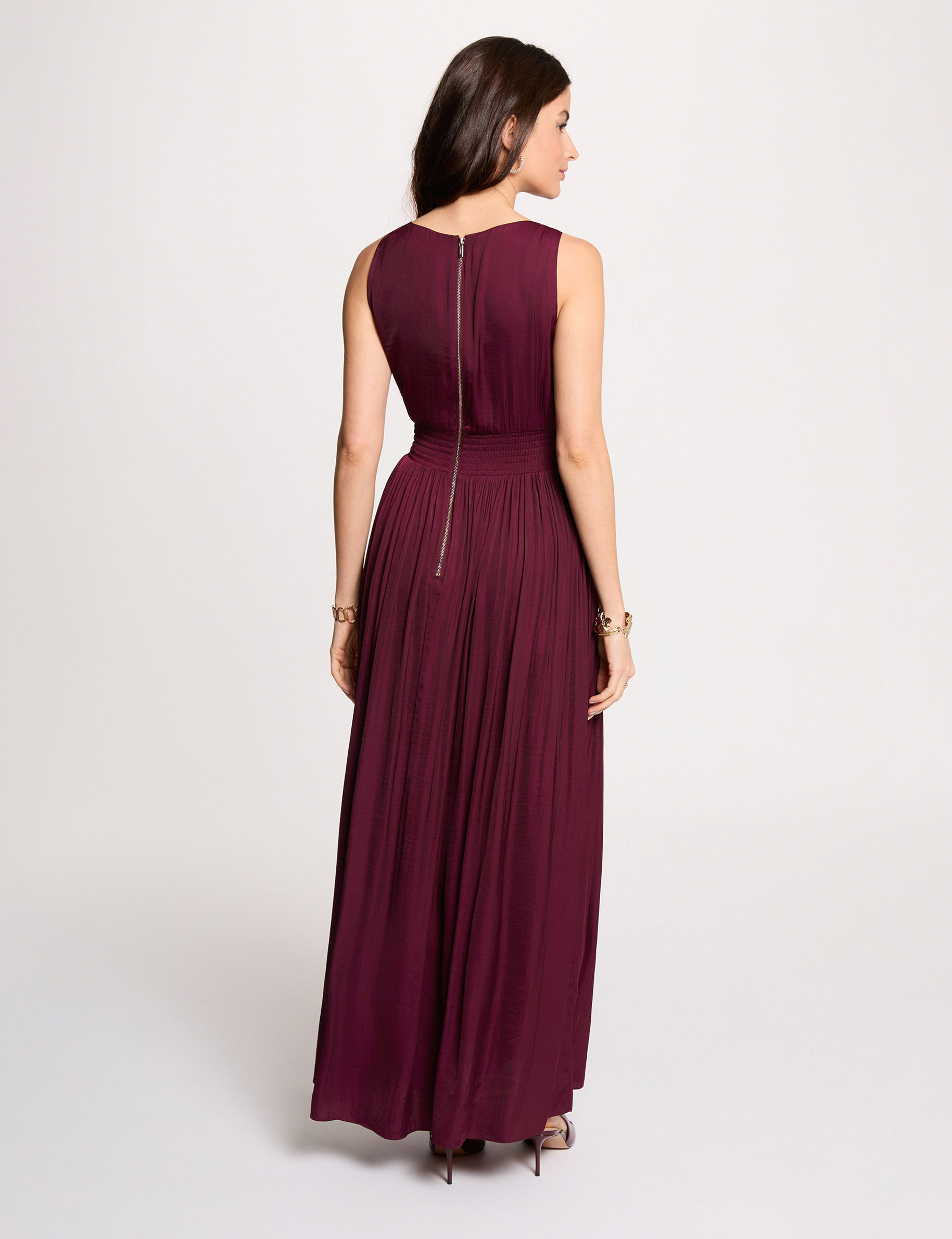 Robe longue col v prune femme