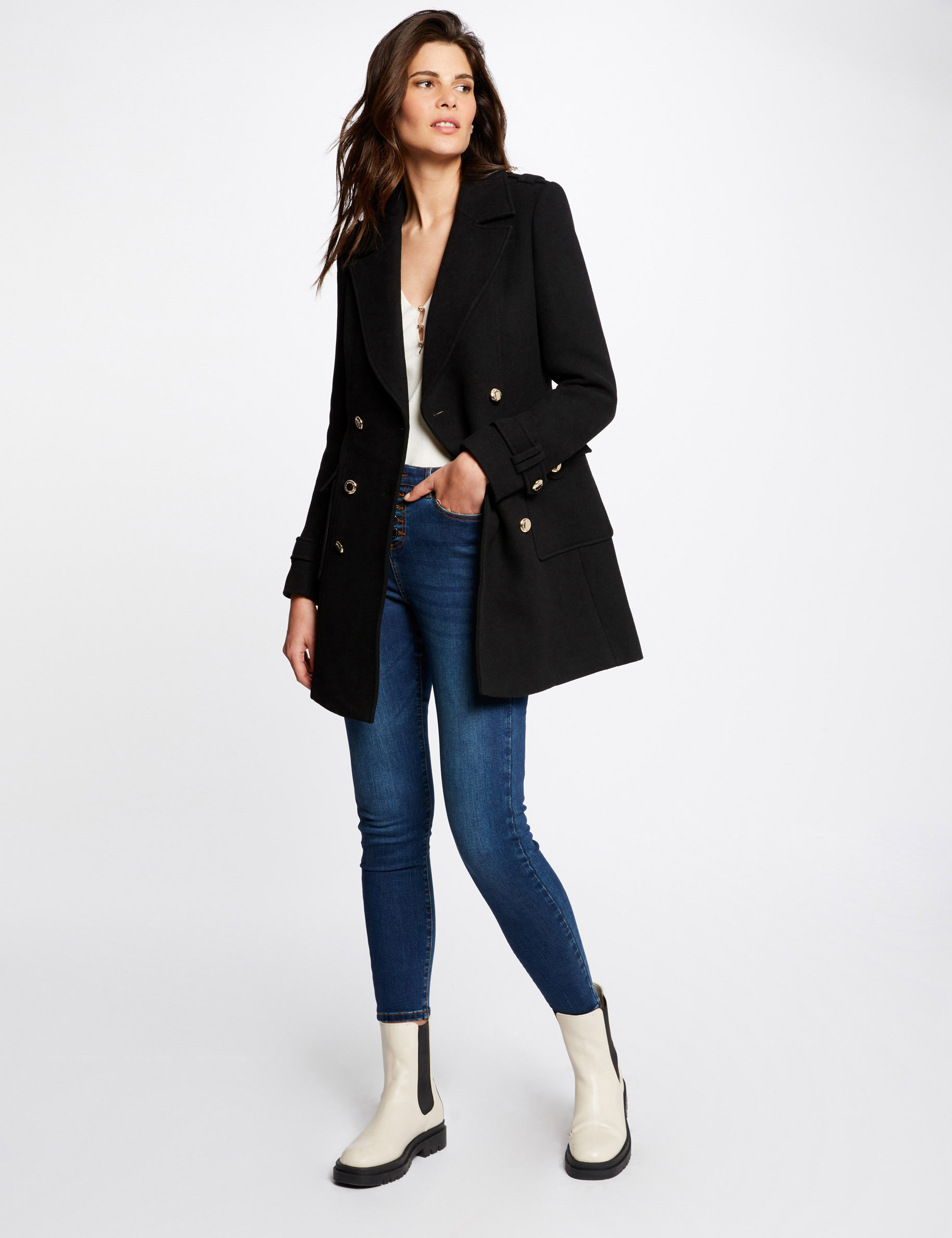 Manteau droit boutonn&eacute; noir femme