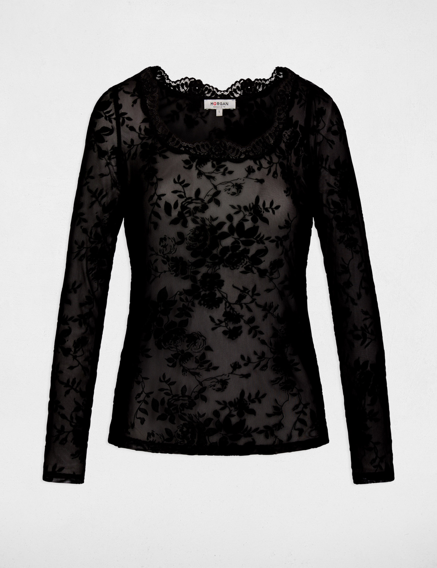 T-Shirt mit Spitzen und Herzausschnitt schwarz damen