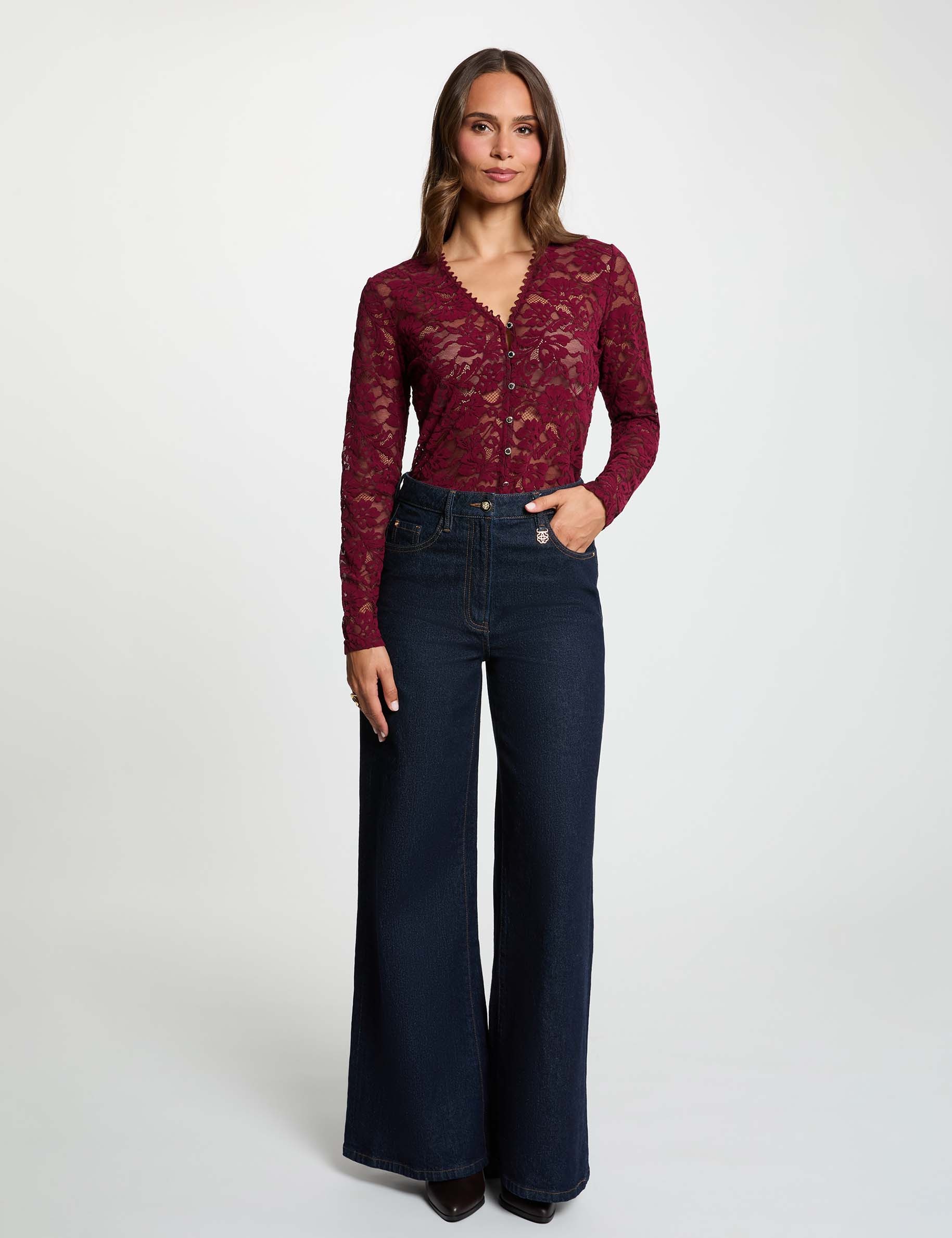 Spitzenbluse mit V-Ausschnitt pflaume damen