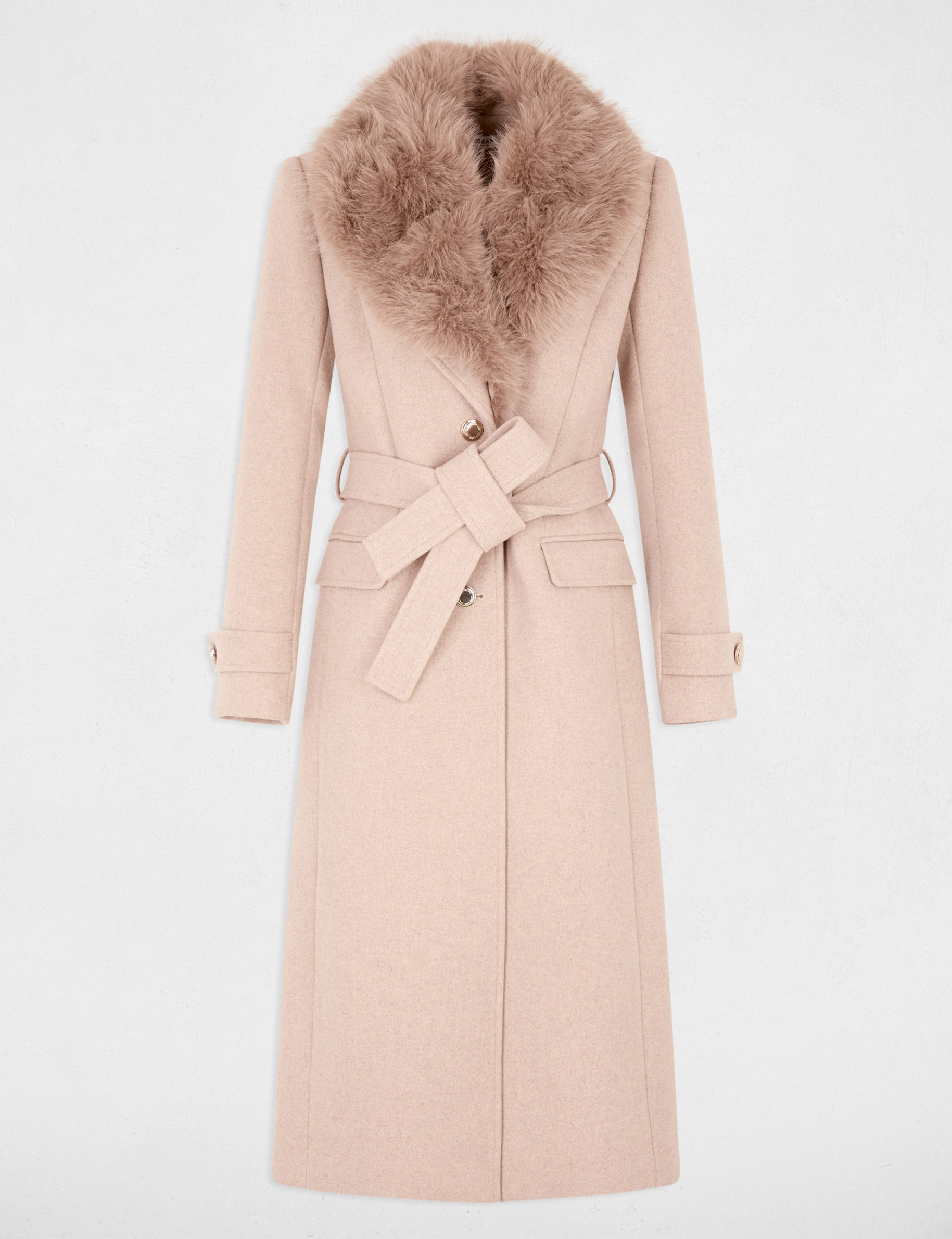 Langer Mantel mit G&uuml;rtel beige damen