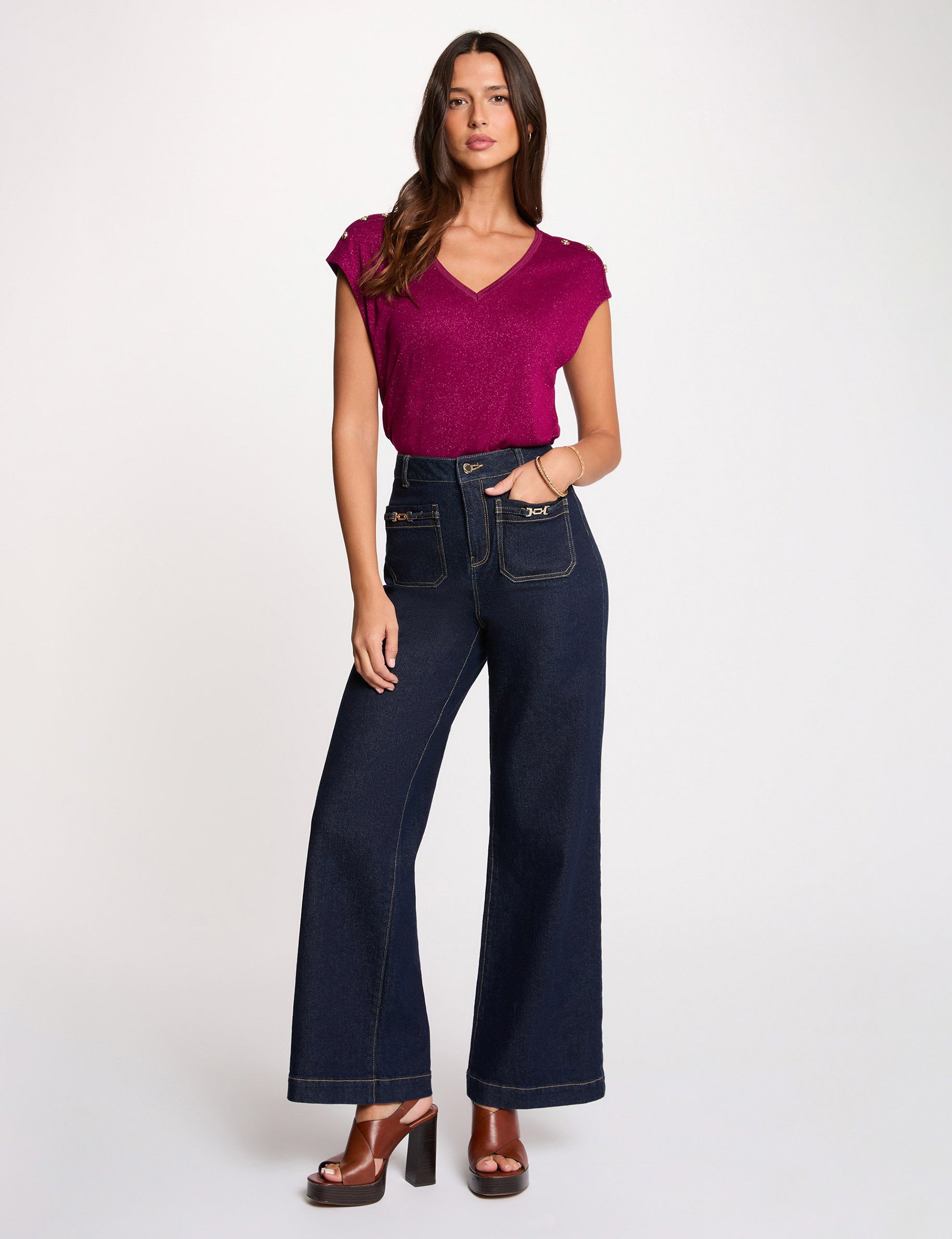 T-Shirt mit V-Ausschnitt und Kn&ouml;pfen pflaume damen